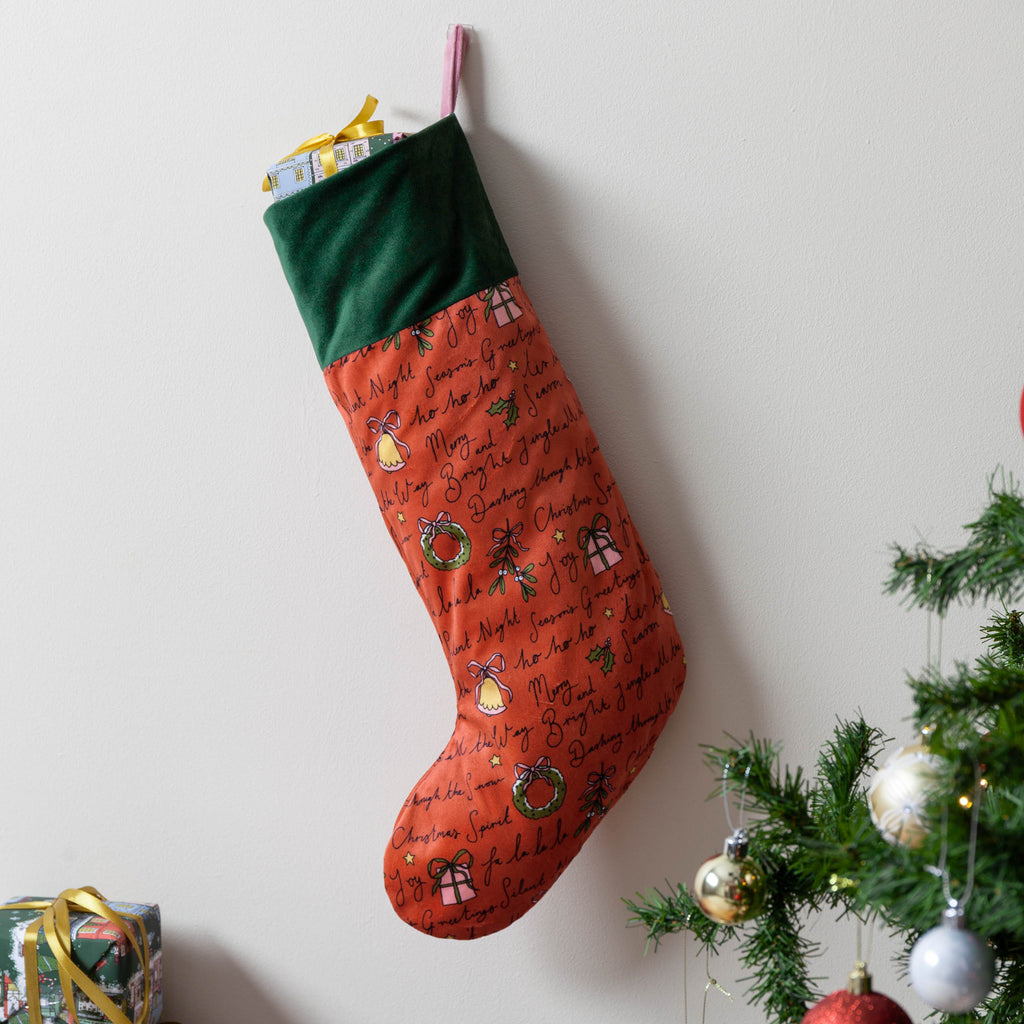 Christmas Spirit Printed Velvet Xmas Stocking + Sack
