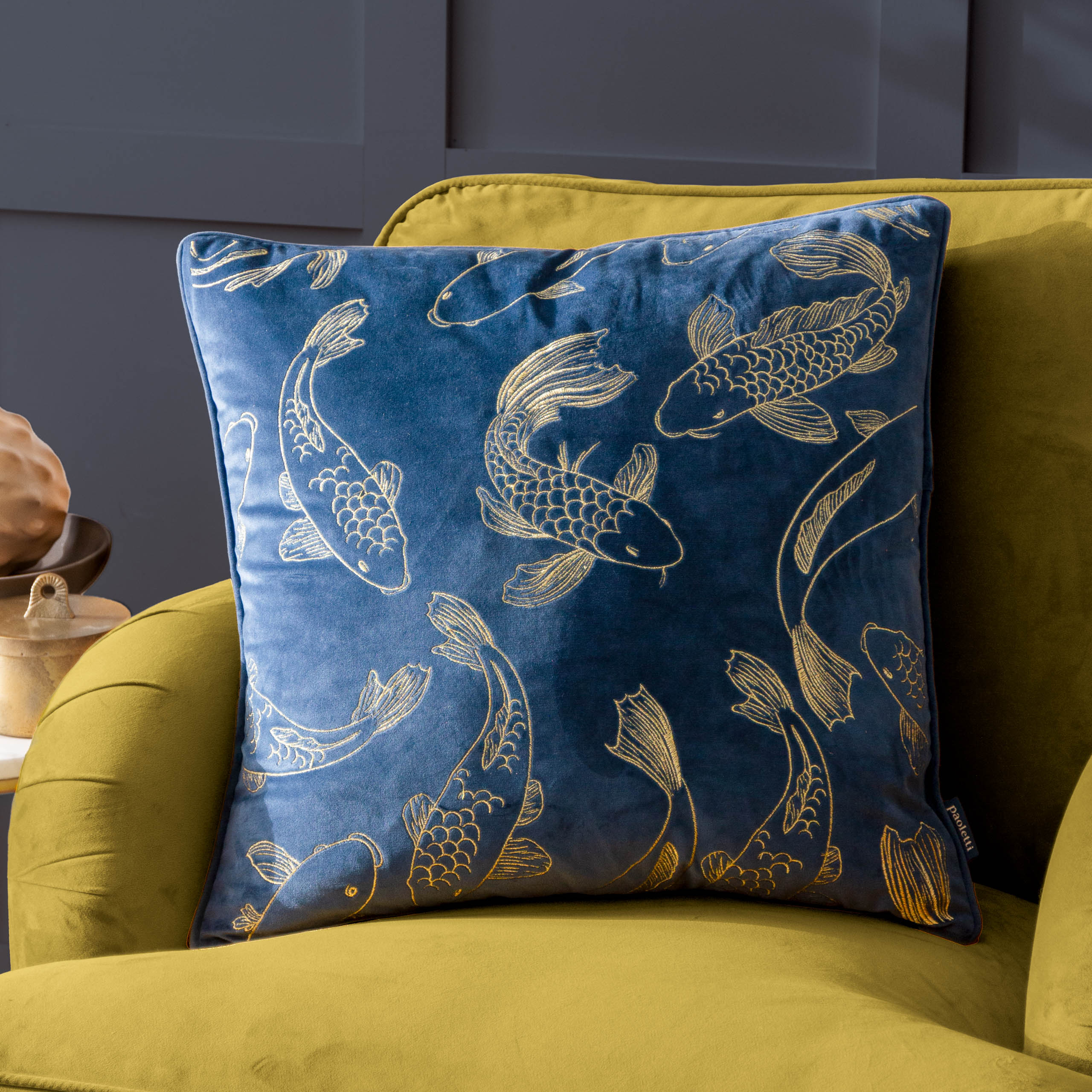 Koi Pond Embroidered Velvet Cushion