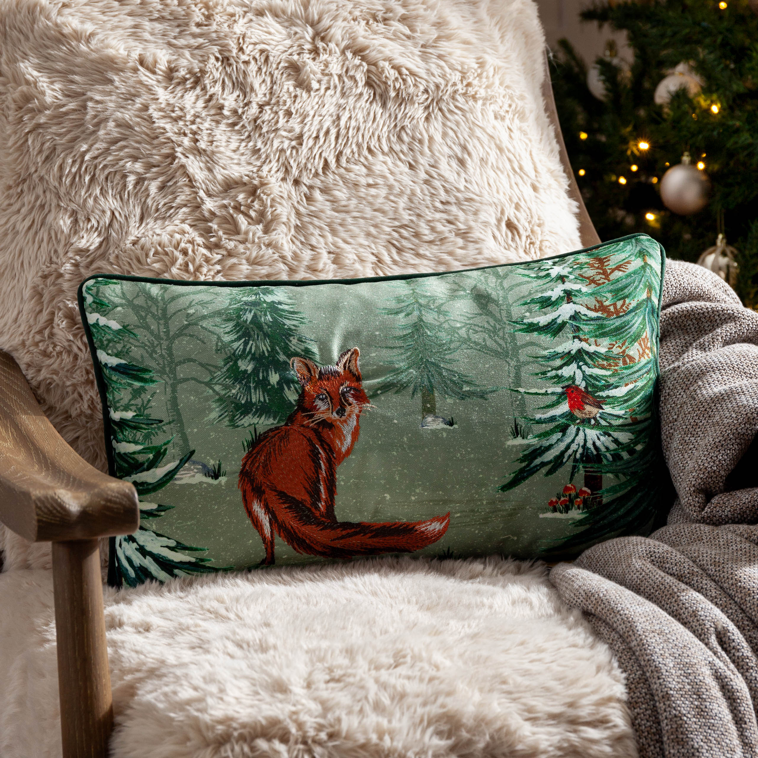 Lodge Wood Fox Embroidered Cushion