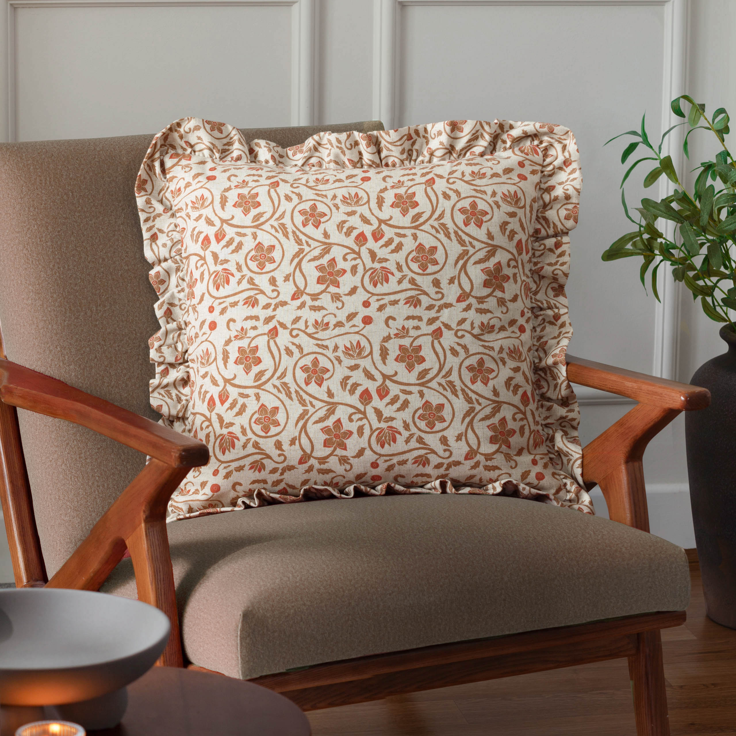 Linen Filigree Printed Ruffle Cushion