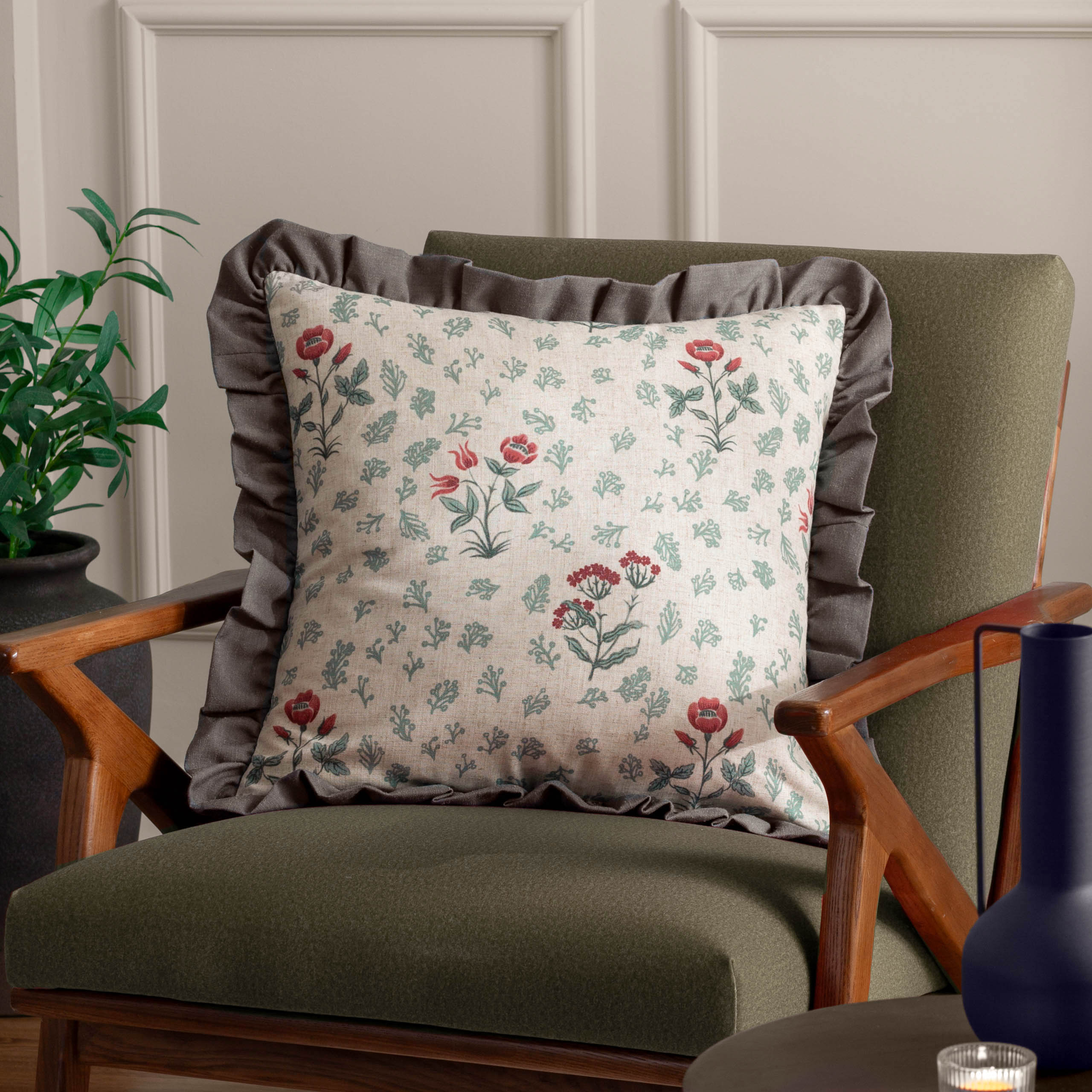 Linen Renata Floral Printed Ruffle Cushion Multi