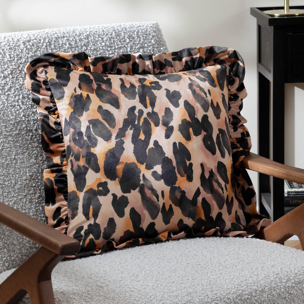 Leopard Printed Velvet Ruffle Cushion