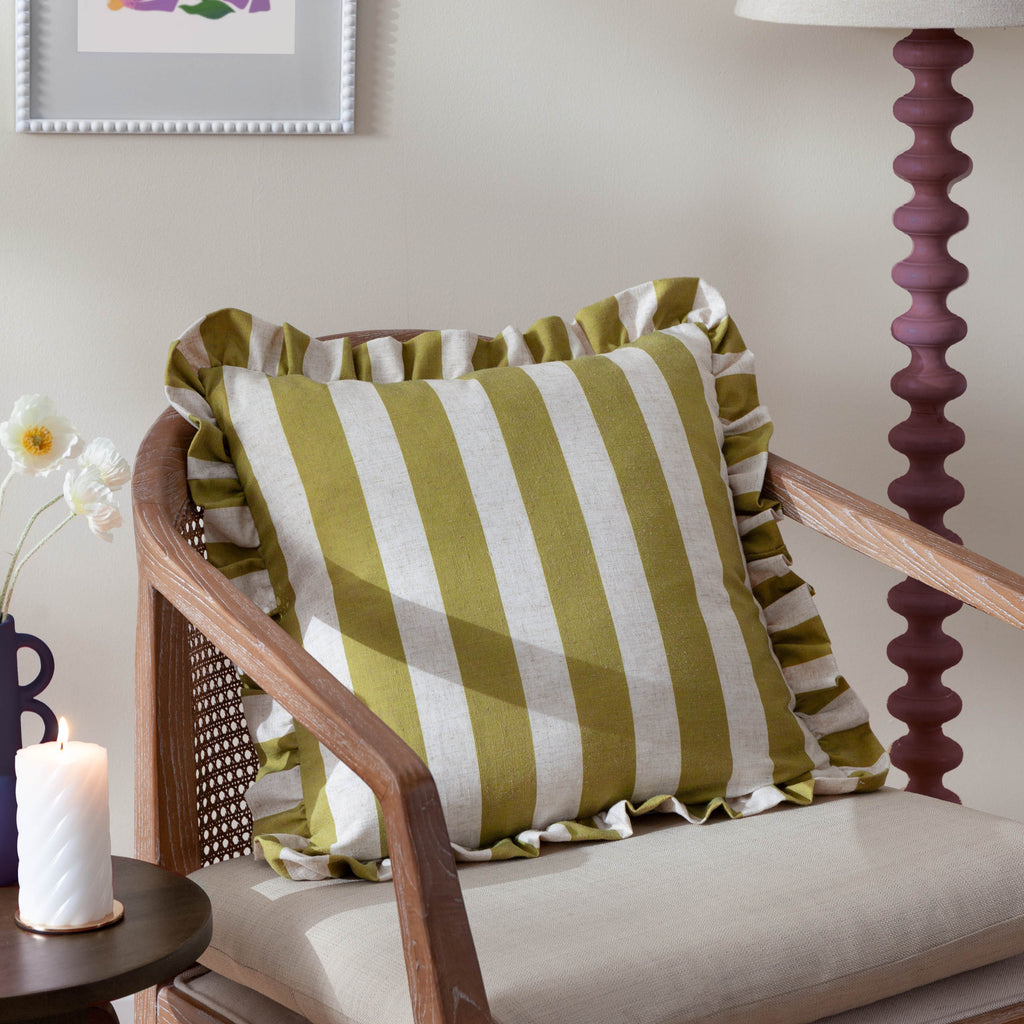 Linen Stripe Printed Ruffle Cushion