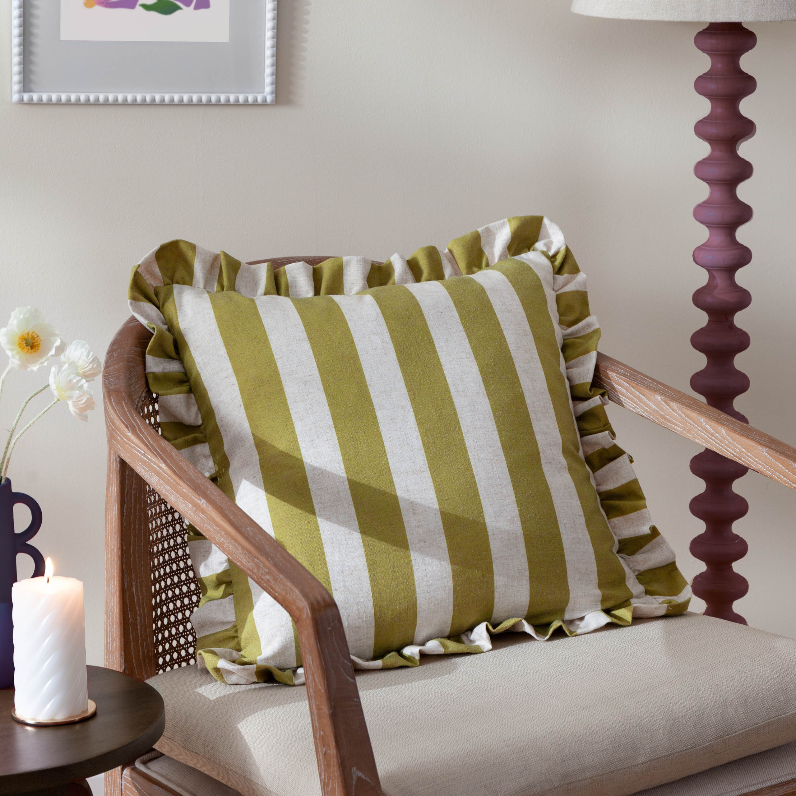 Linen Stripe Printed Ruffle Cushion