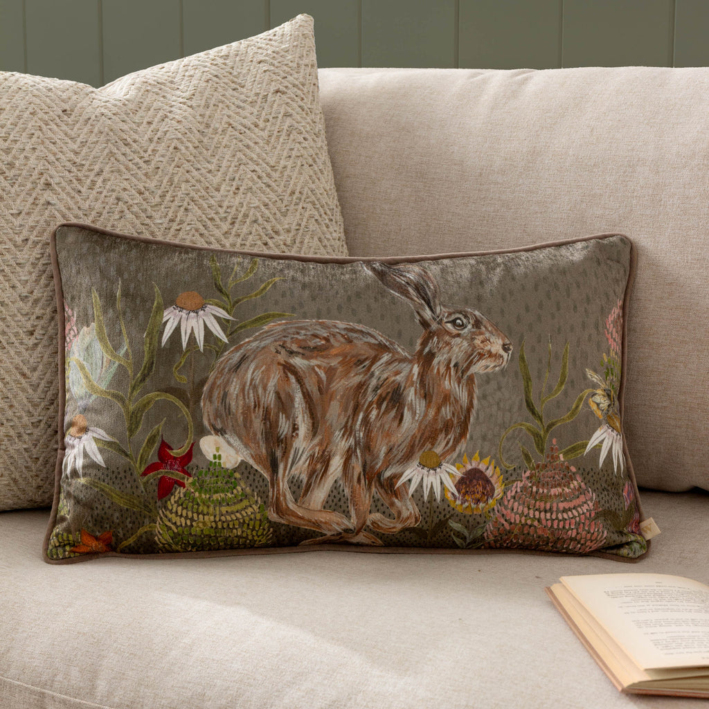 Meadow Bloom Hazel Hare Printed Chenille Cushion