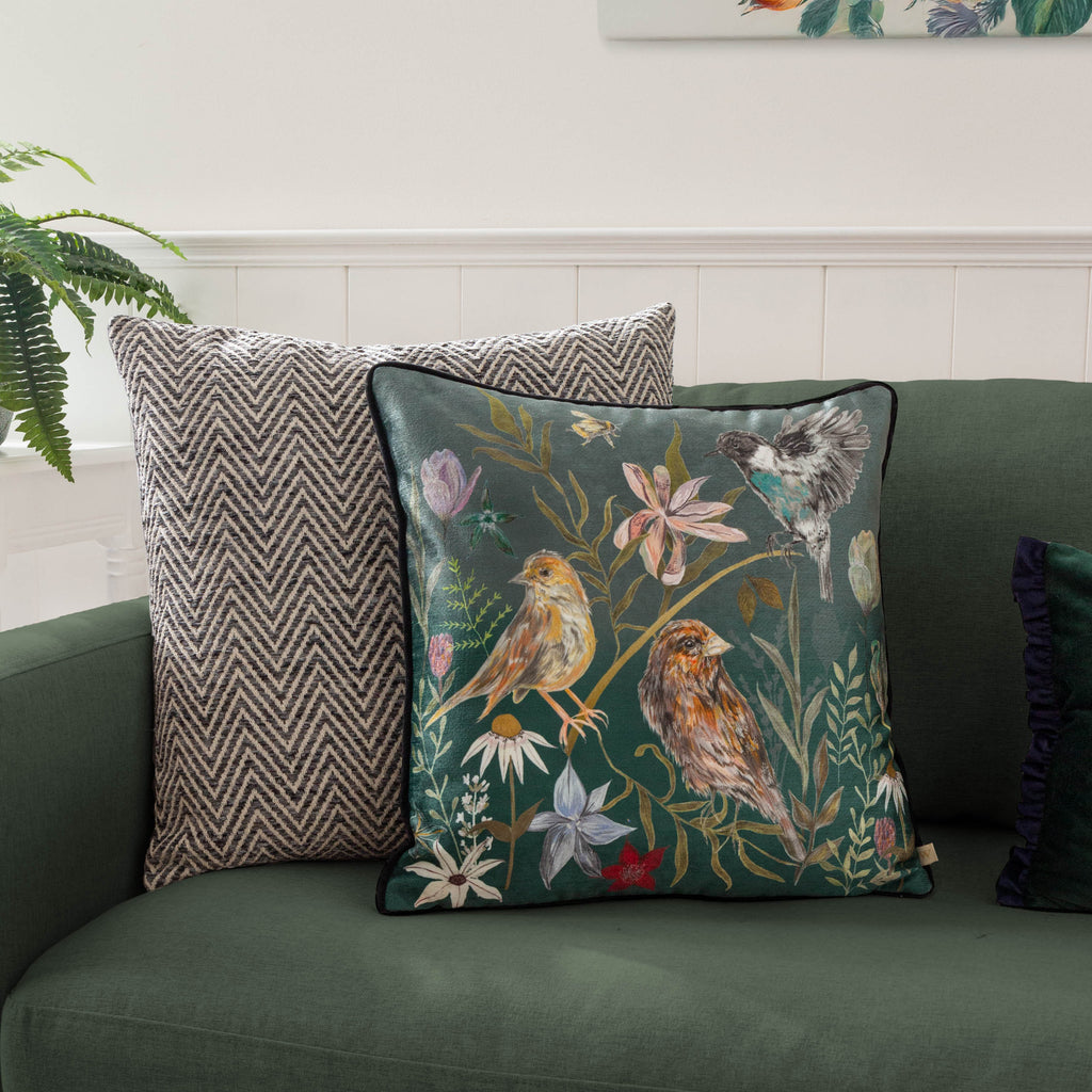 Meadow Bloom Birds Printed Chenille Cushion