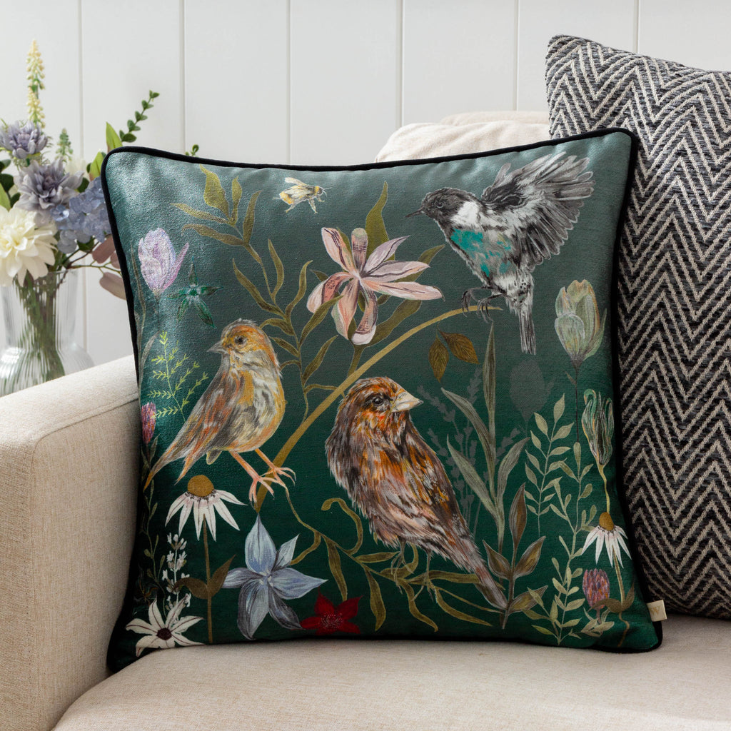 Meadow Bloom Birds Printed Chenille Cushion