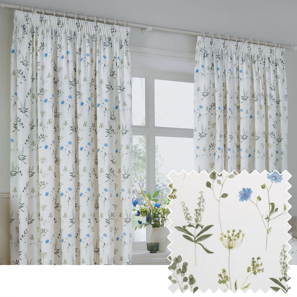 Meadow Floral 100% Cotton Lined Pencil Pleat Curtains