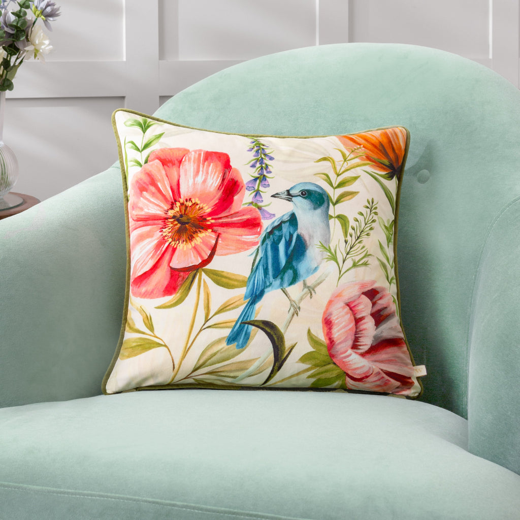 Nectar Garden Bluebird Piped Velvet Cushion