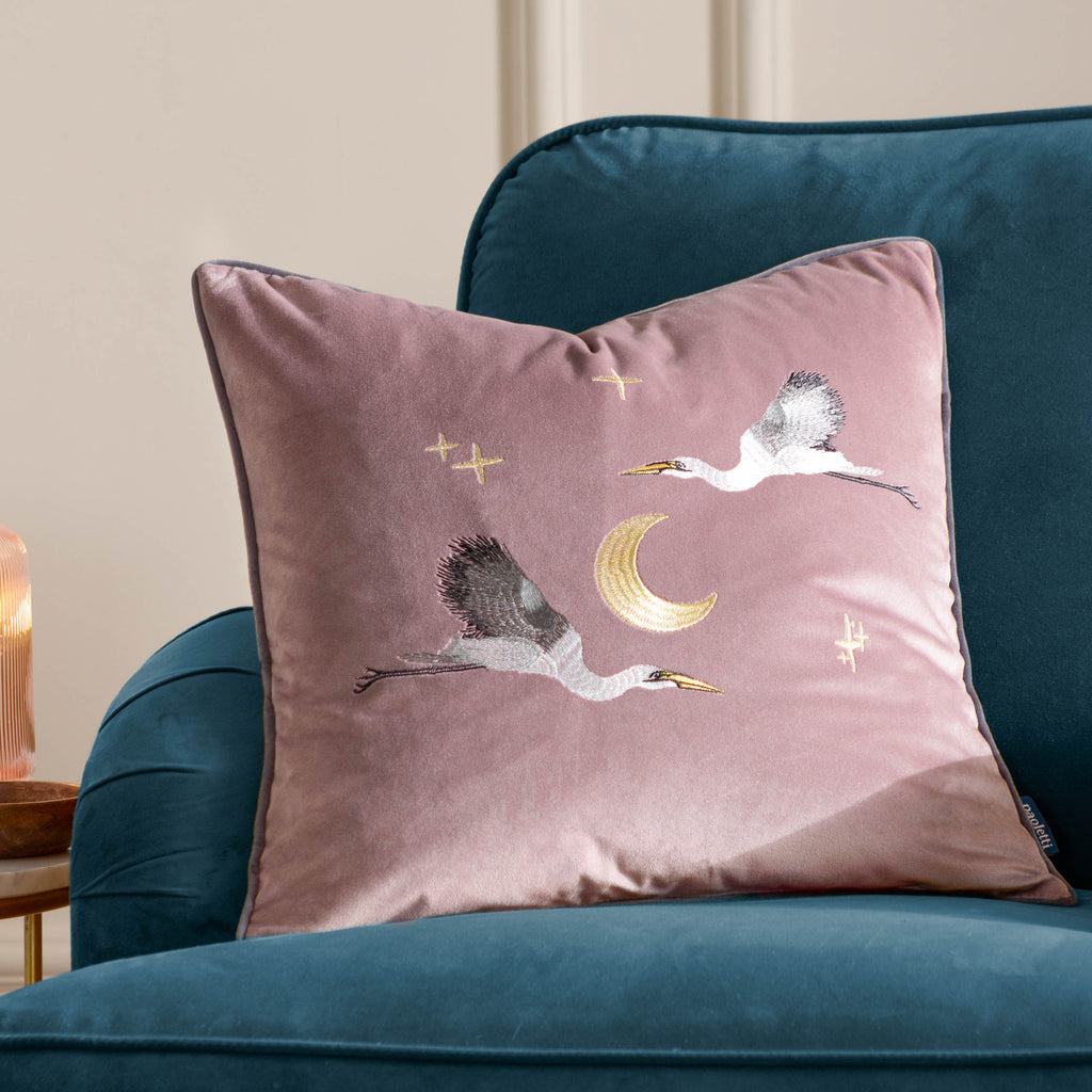 Moonlit Flight Embroidered Velvet Cushion