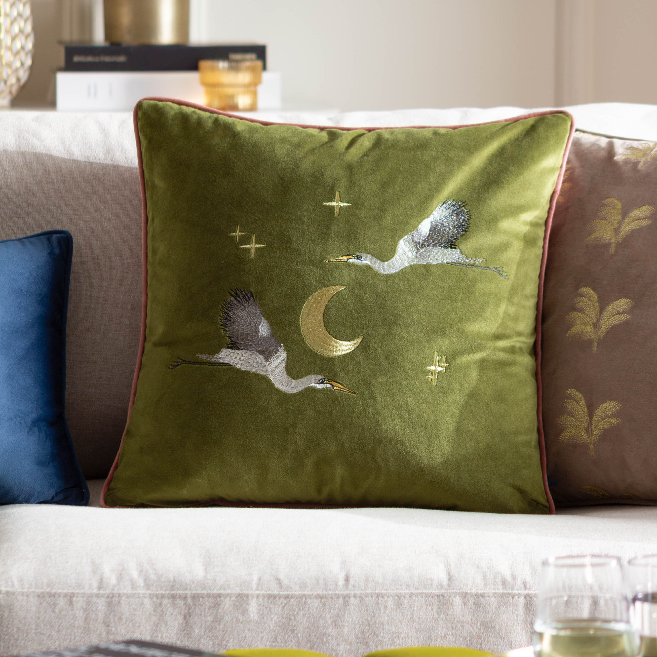 Moonlit Flight Embroidered Velvet Cushion