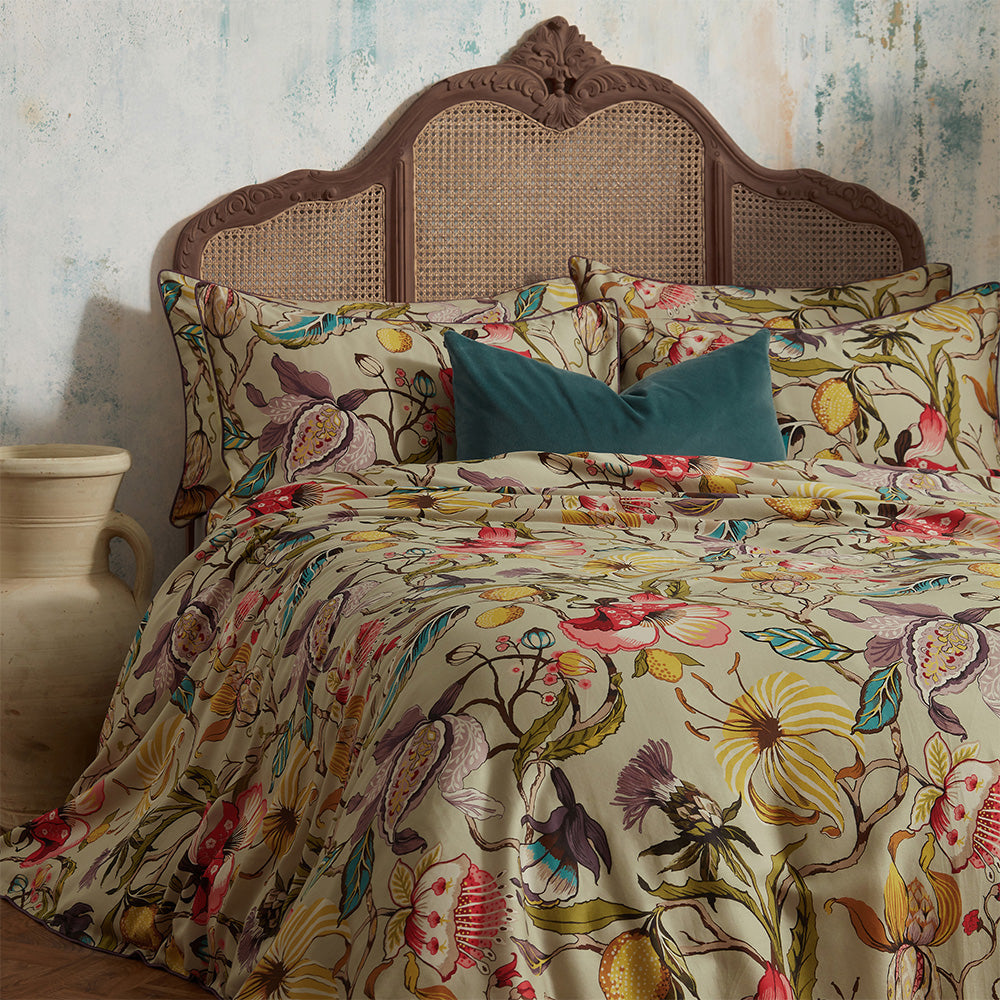 Morton Floral Printed Cotton Sateen Piped Duvet Cover Set