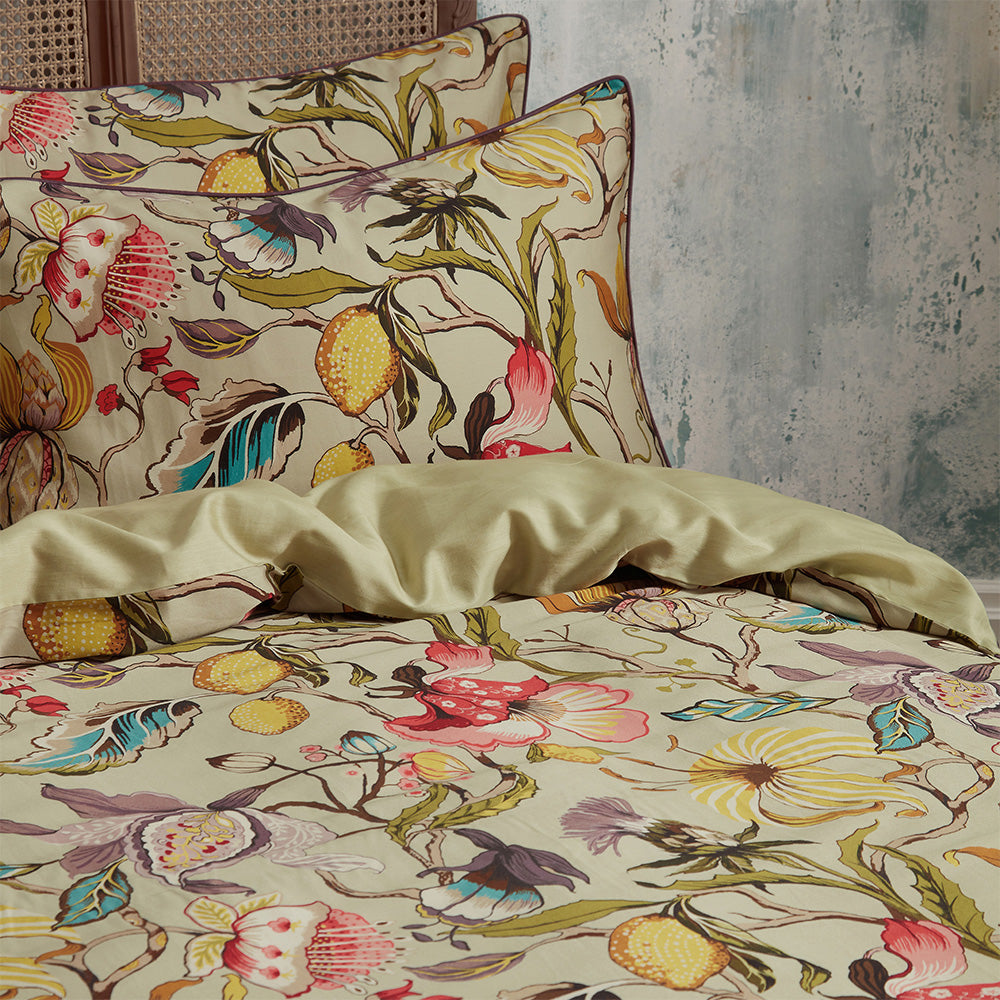 Morton Floral Printed Cotton Sateen Piped Duvet Cover Set
