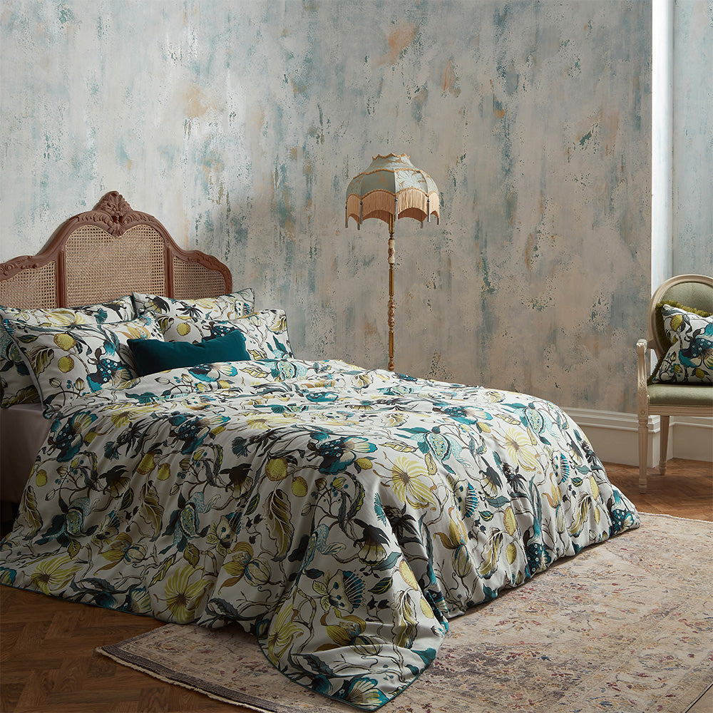 Morton Floral Printed Cotton Sateen Piped Duvet Cover Set