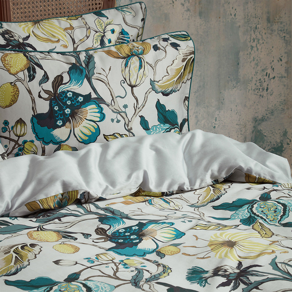 Morton Floral Printed Cotton Sateen Piped Duvet Cover Set