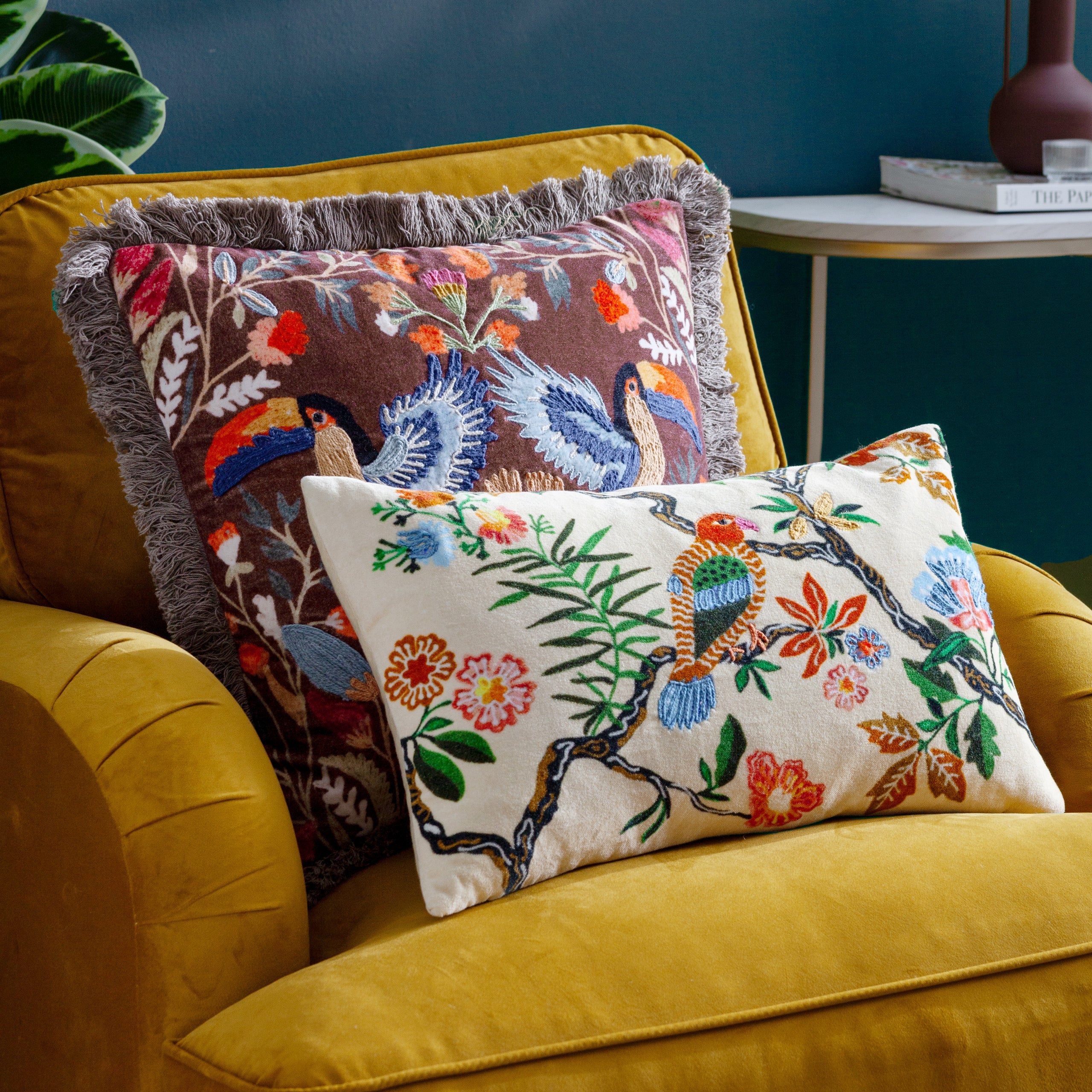 Mirrored Toucan Embroidered Cushion