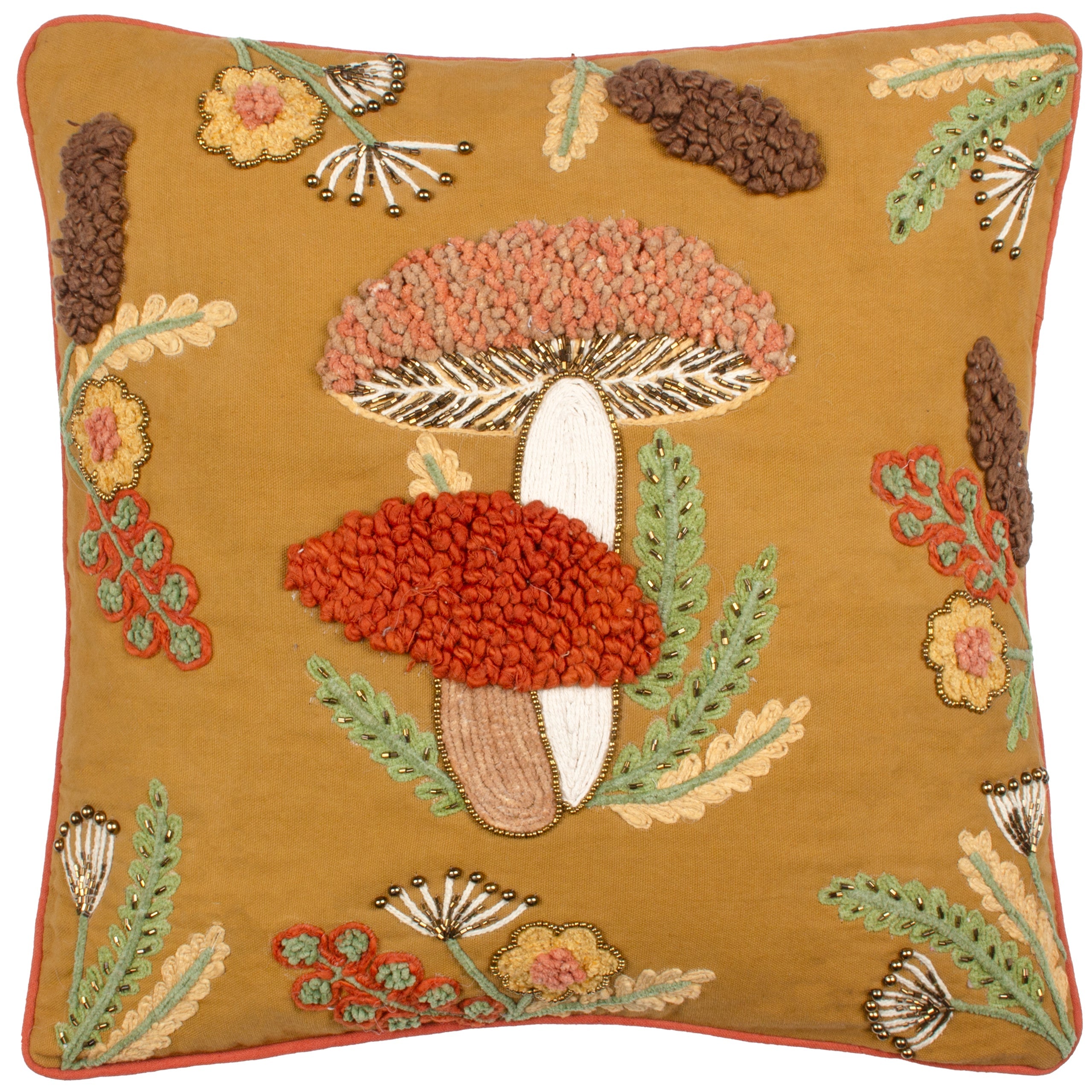 Mushroom Dell Embroidered Cotton Cushion