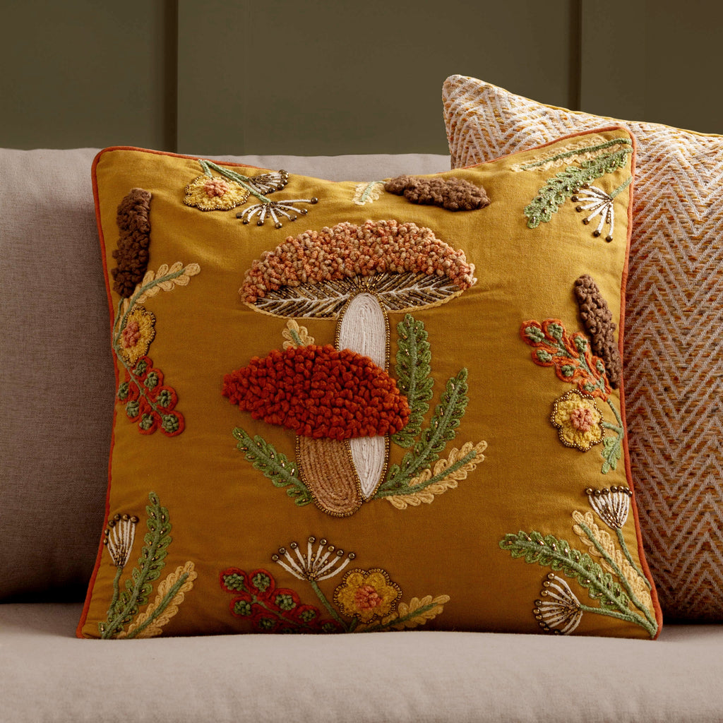 Mushroom Dell Embroidered Cotton Cushion