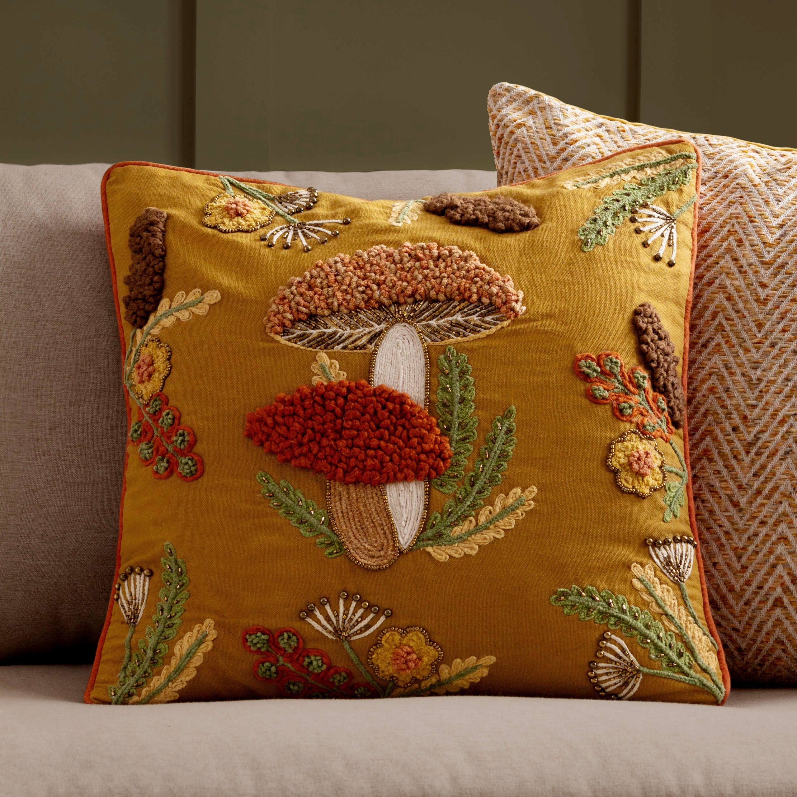 Mushroom Dell Embroidered Cotton Cushion