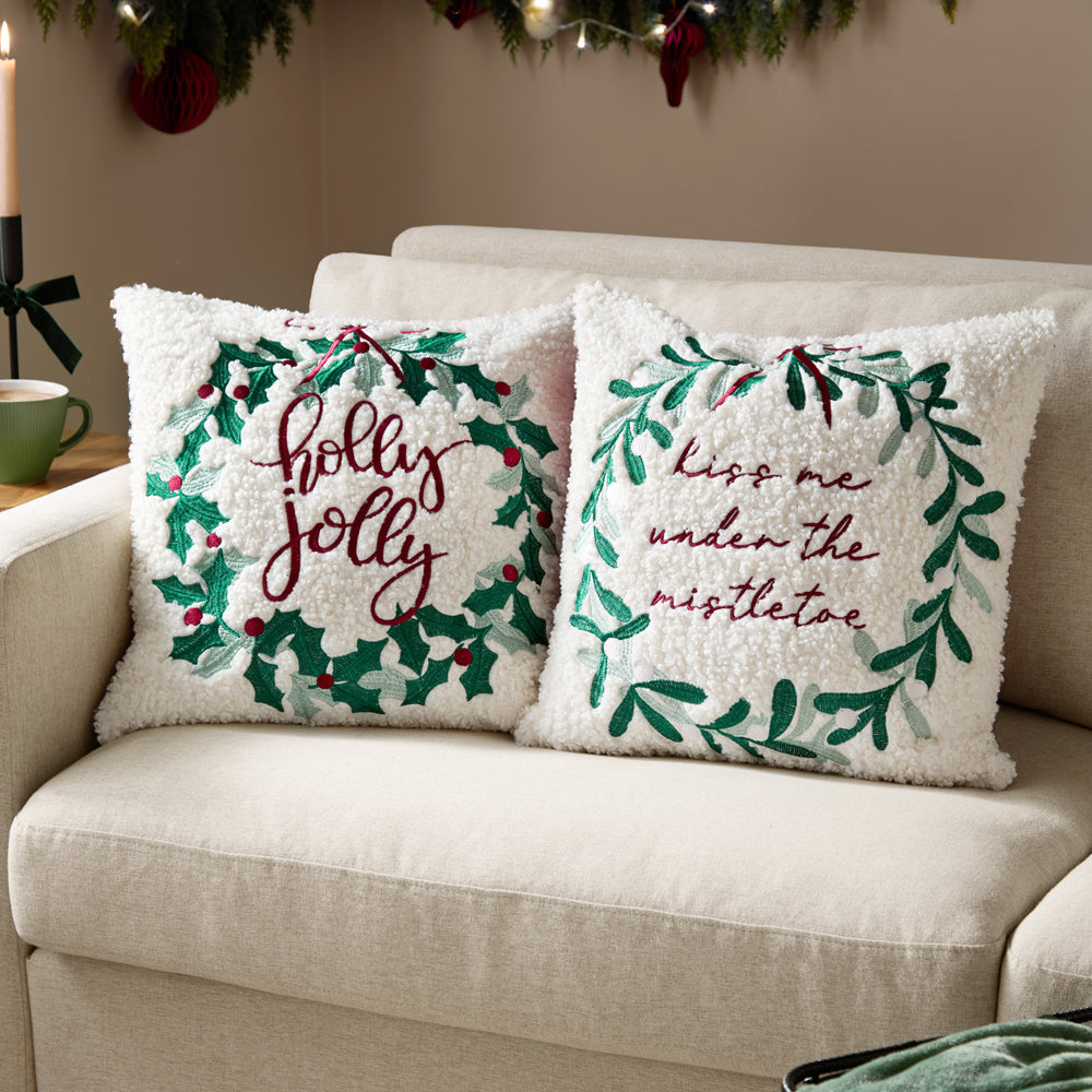Mistletoe Wreath Embroidered Cushion