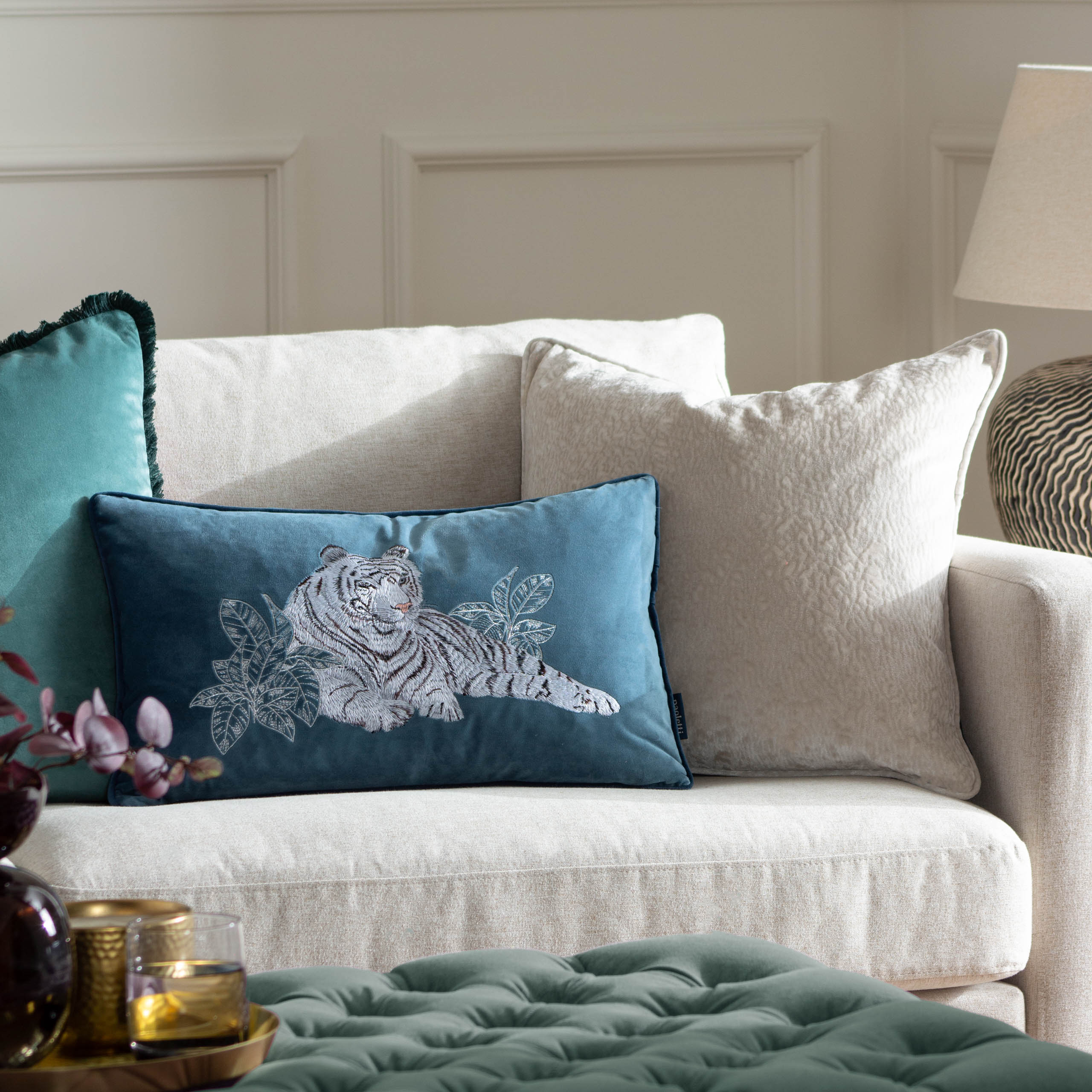 Odisha White Tiger Embroidered Cushion