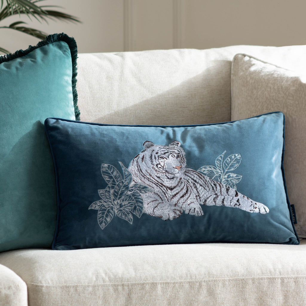 Odisha White Tiger Embroidered Cushion