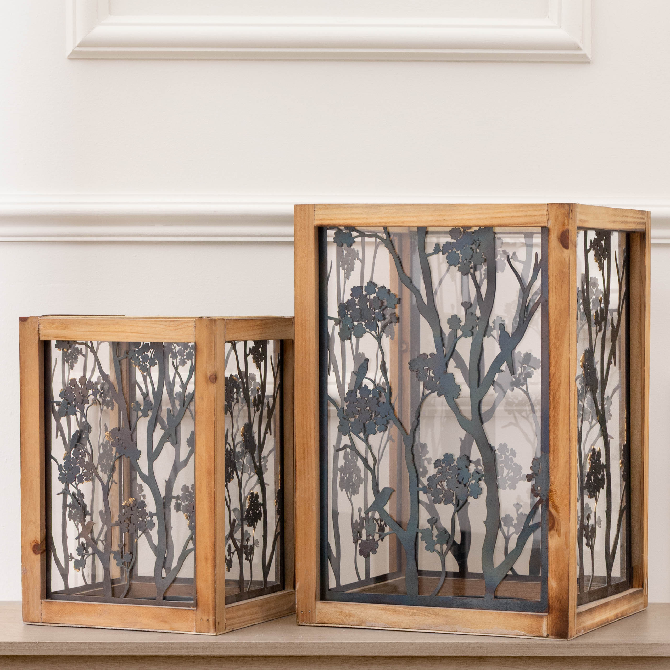 Paloma Wooden Floral Set of 2 Lanterns