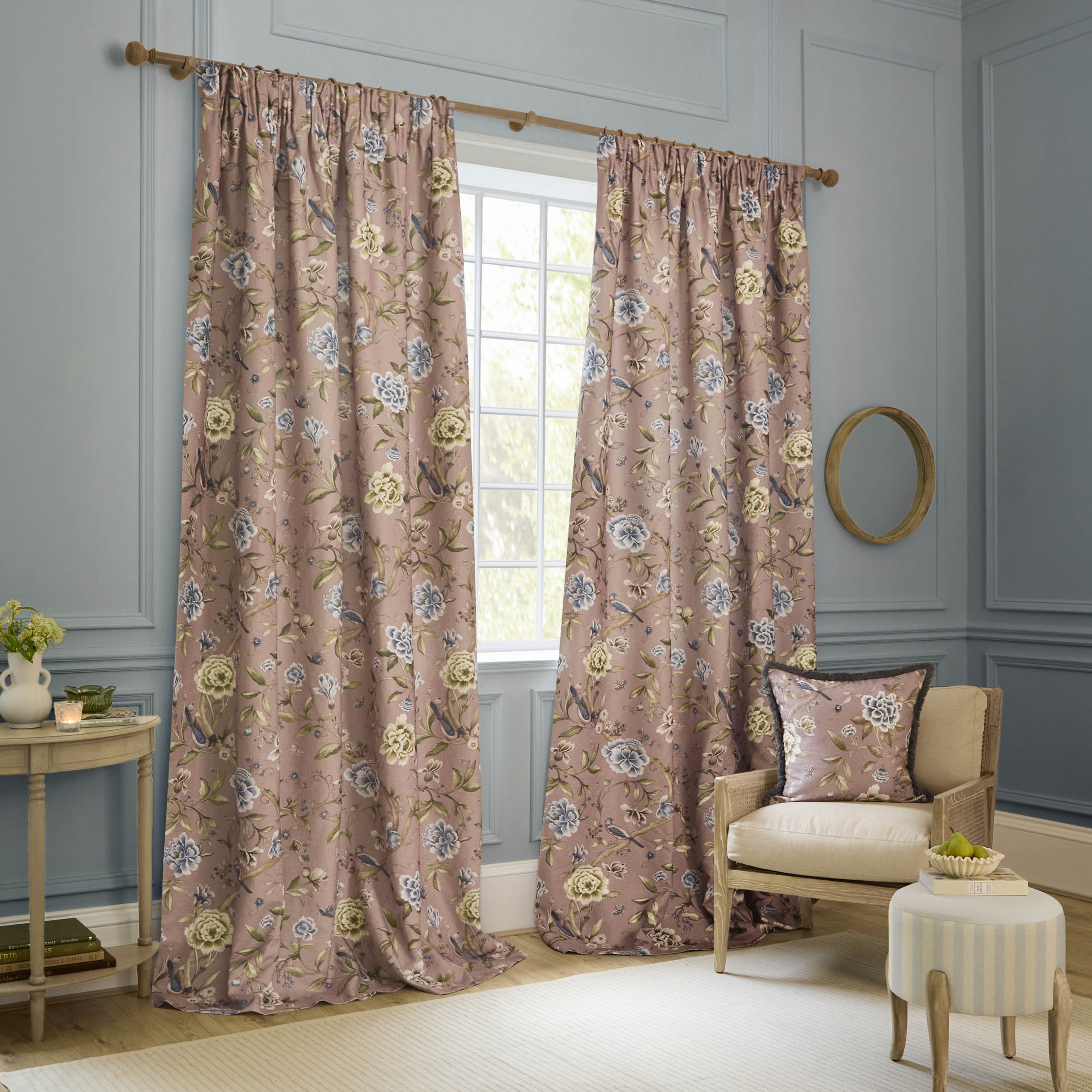 Porcelain Garden Printed Chenille Pencil Pleat Curtains