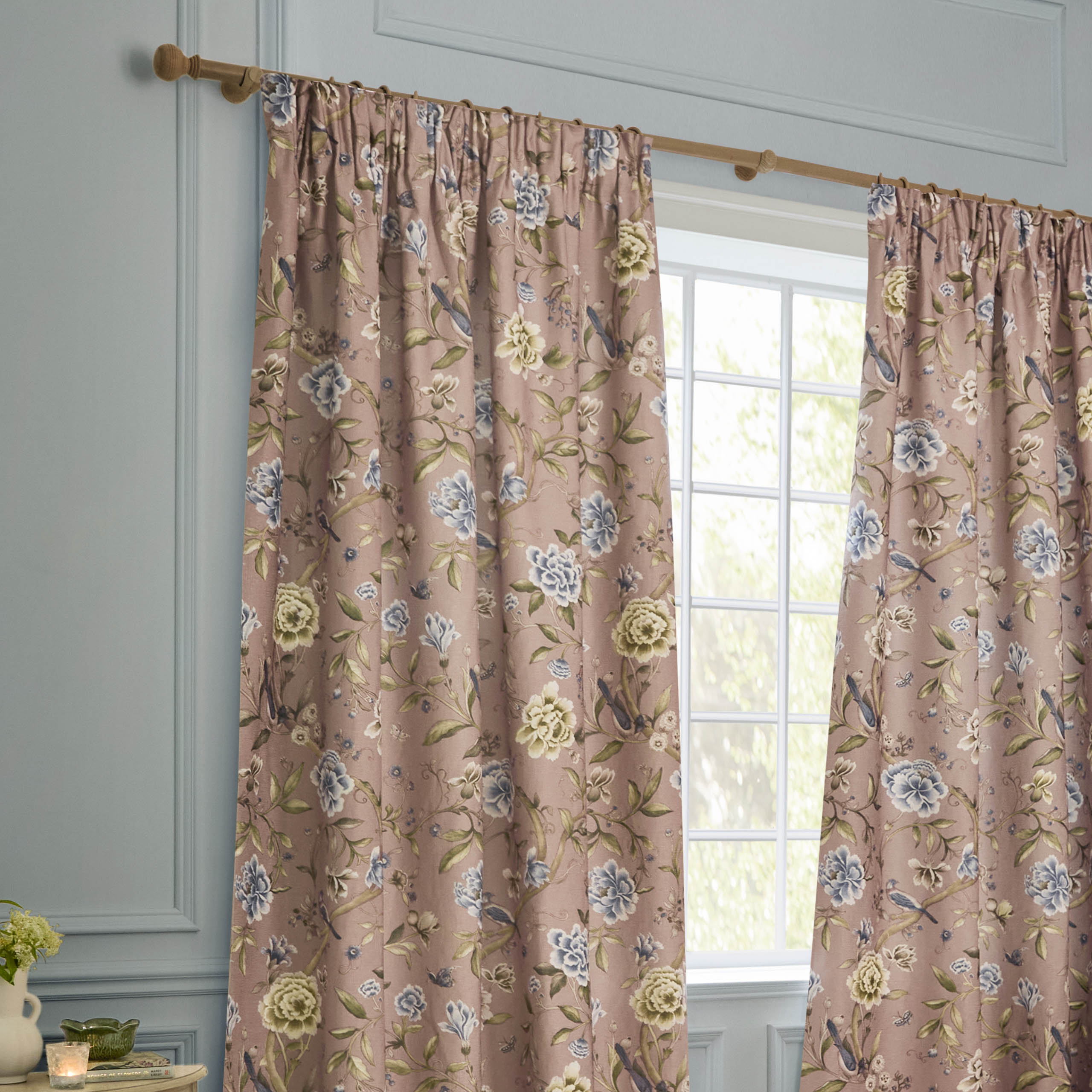 Porcelain Garden Printed Chenille Pencil Pleat Curtains