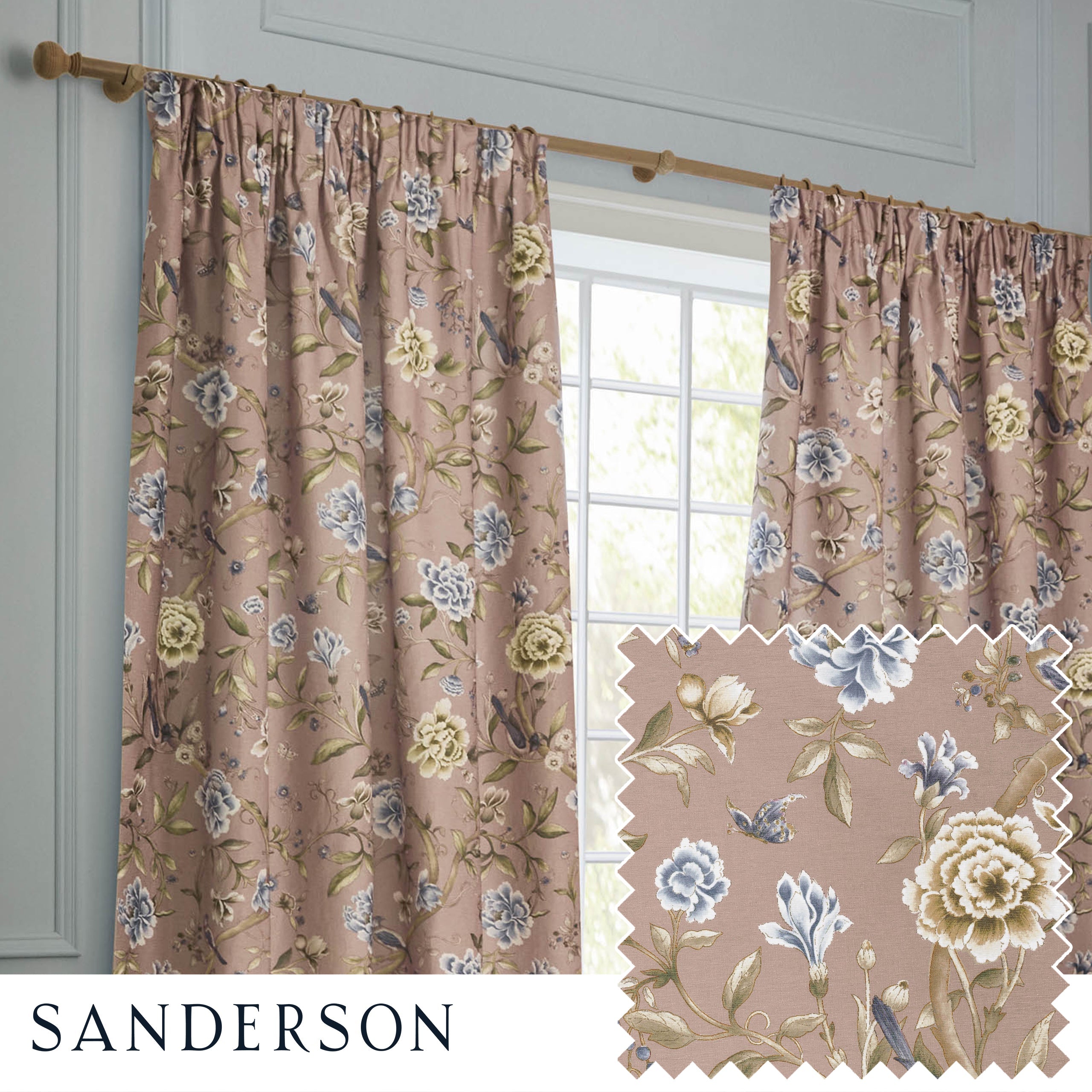 Porcelain Garden Printed Chenille Pencil Pleat Curtains