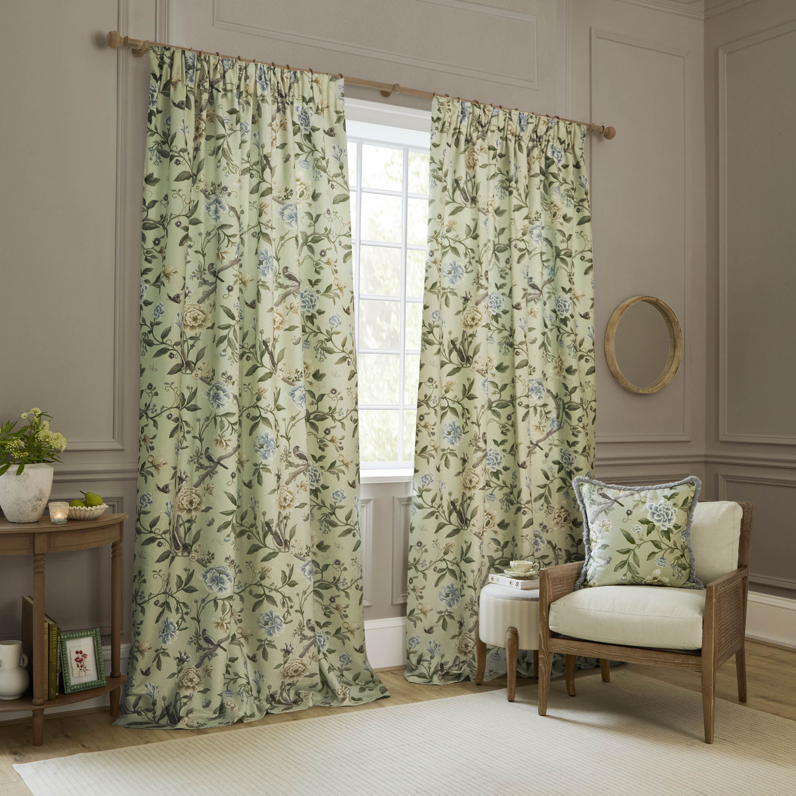Porcelain Garden Printed Chenille Pencil Pleat Curtains