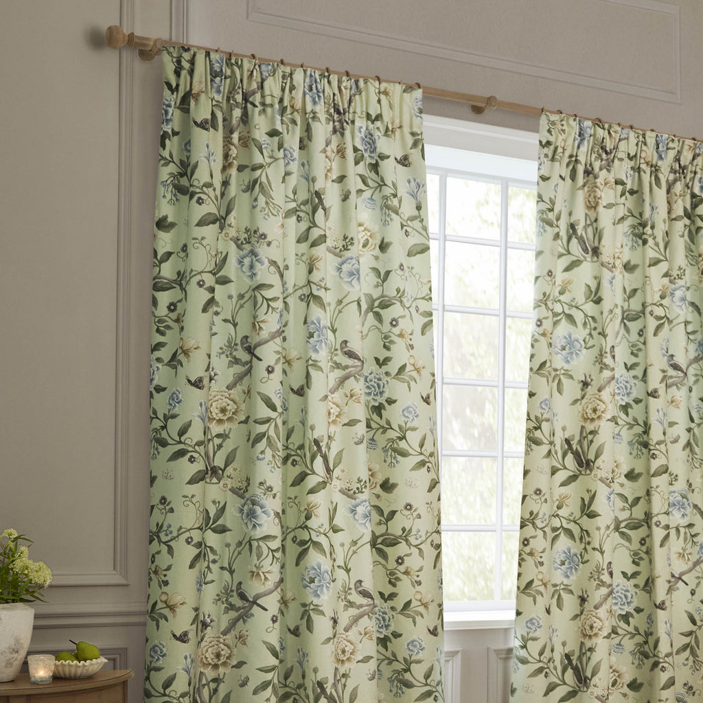 Porcelain Garden Printed Chenille Pencil Pleat Curtains