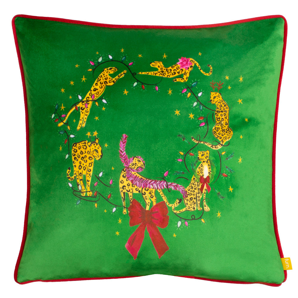 Purrfect Christmas Leaping Leopards Cushion