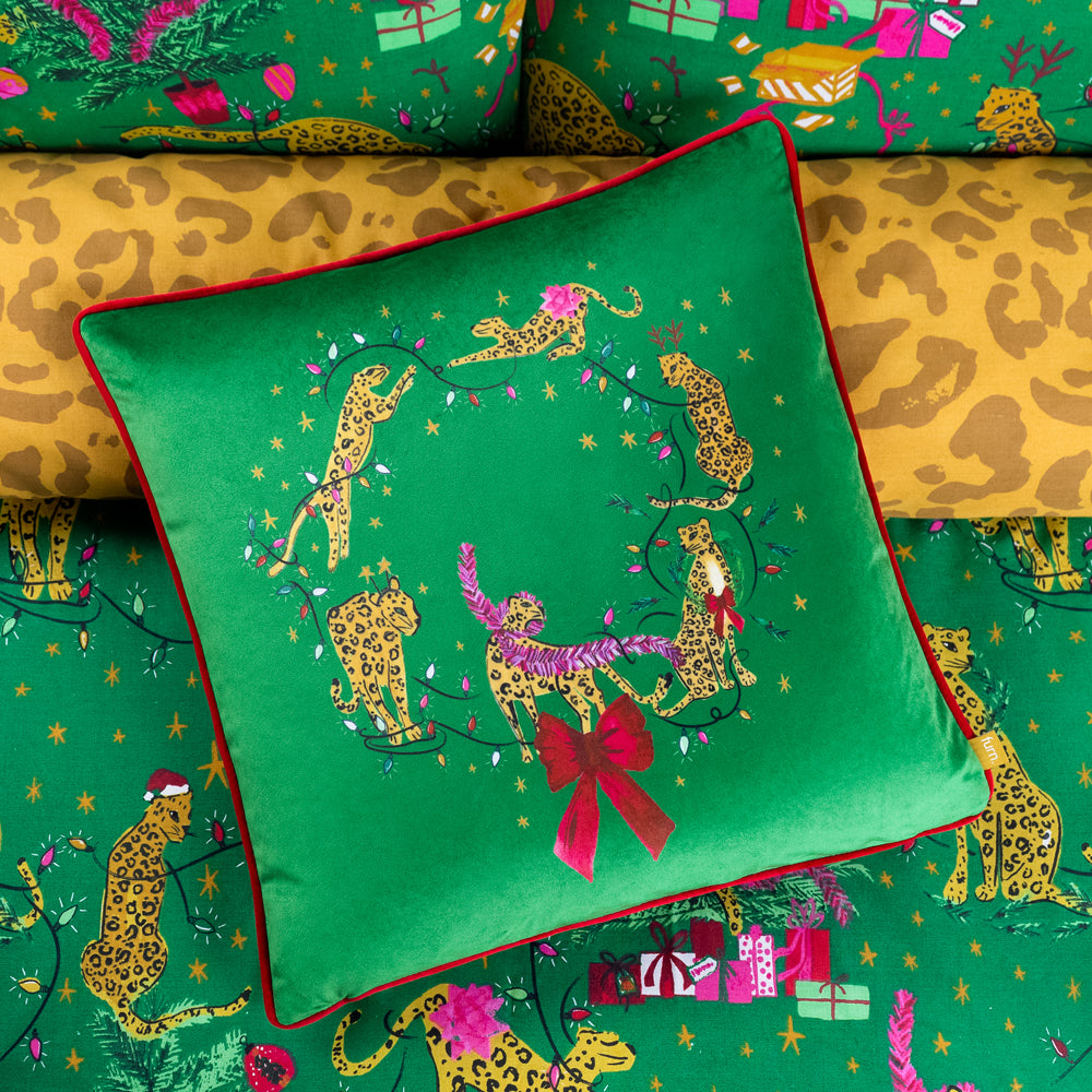 Purrfect Christmas Leaping Leopards Cushion