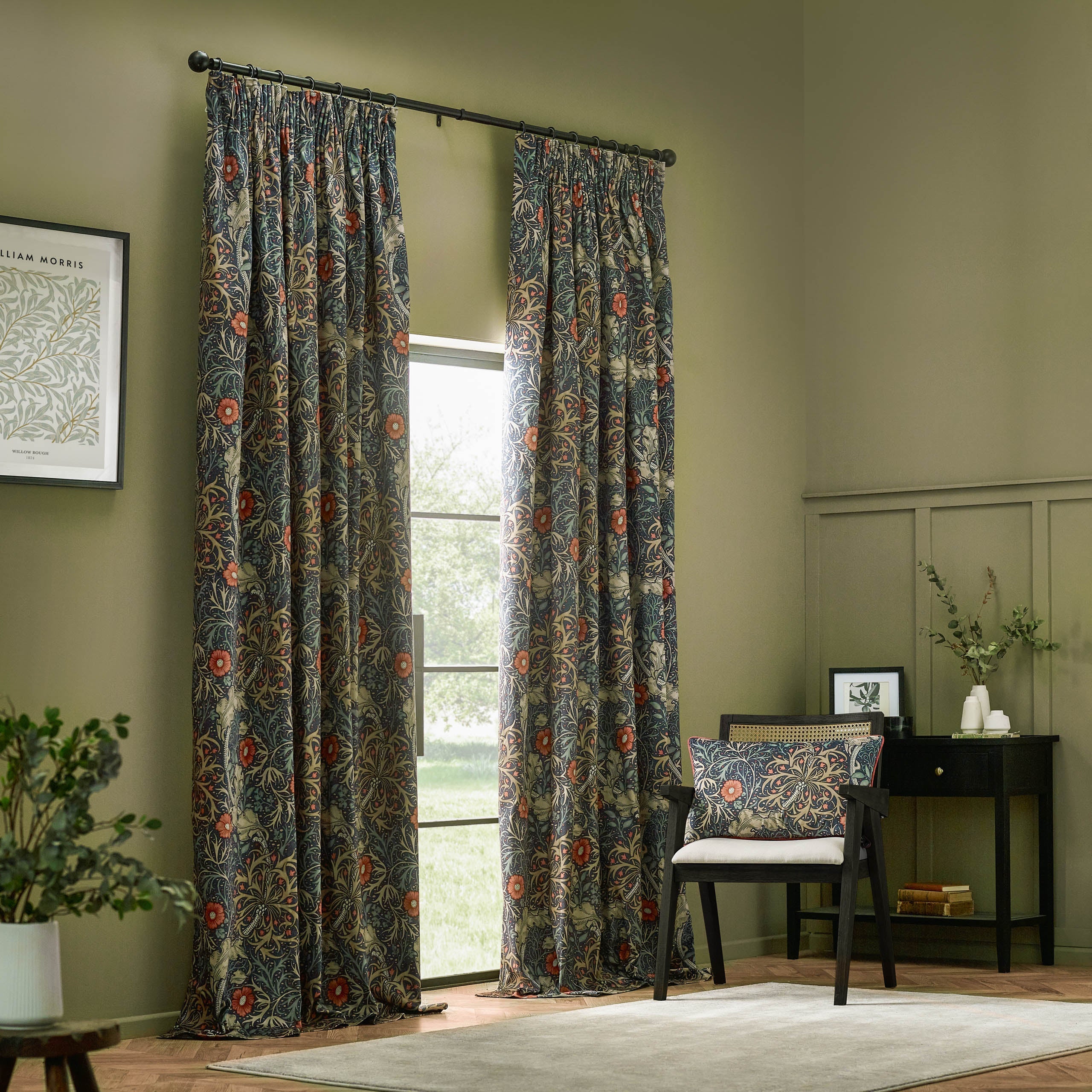 Seaweed Printed Velvet Pencil Pleat Curtains