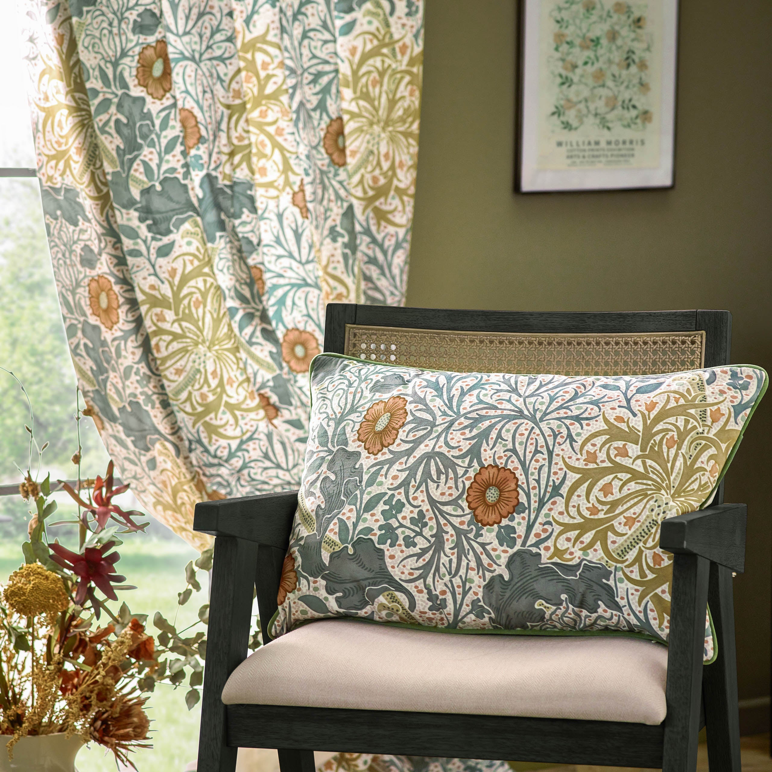 Seaweed Printed Velvet Pencil Pleat Curtains