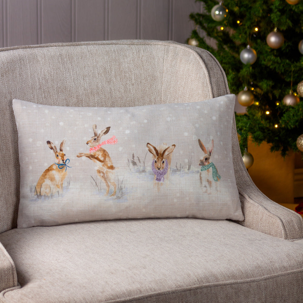 Snowy Hares Christmas Cushion