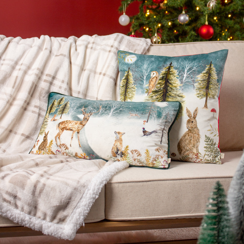 Stag Winter Scene Cushion Teal