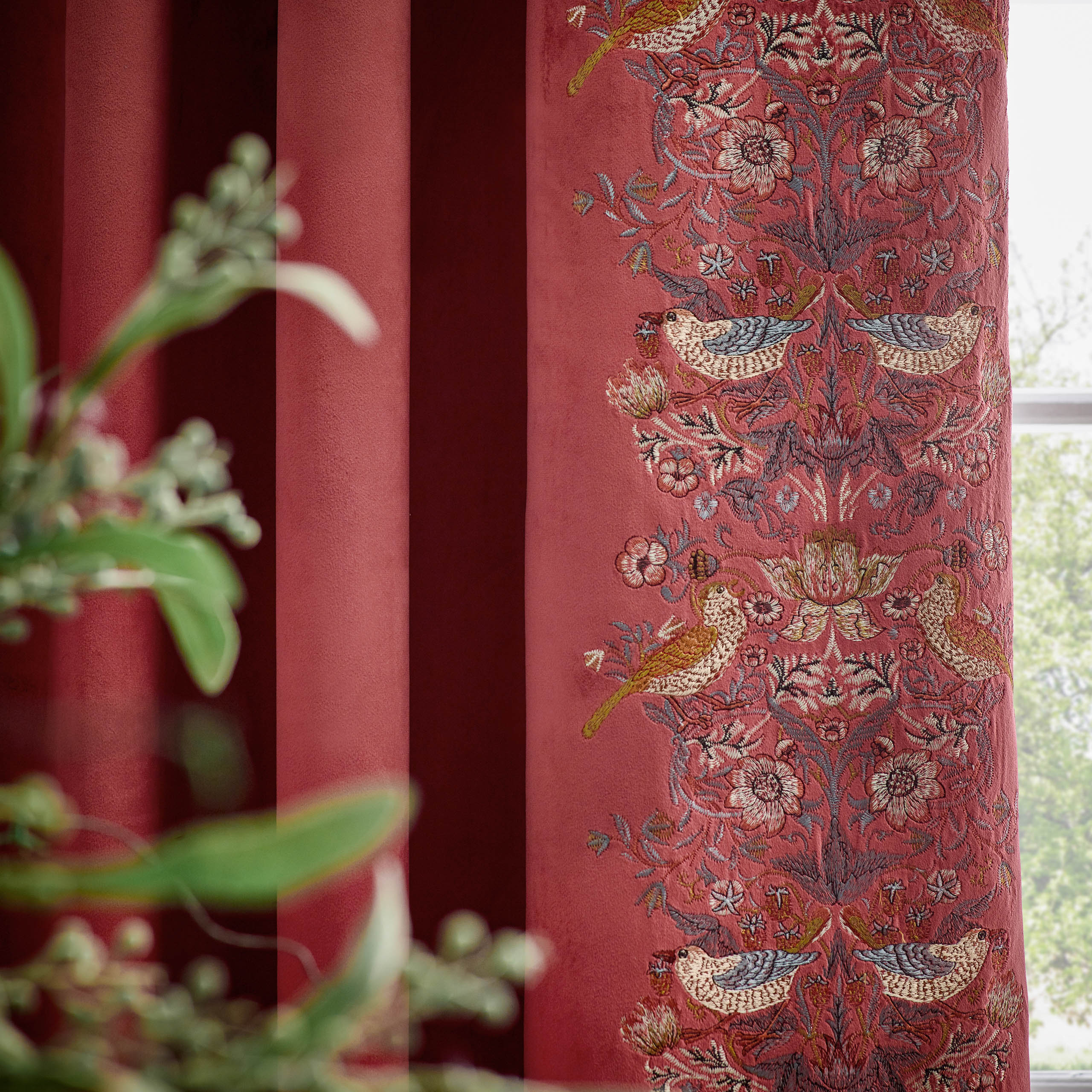 Straw Thief Embroidered Floral Velvet Pencil Pleat Curtains