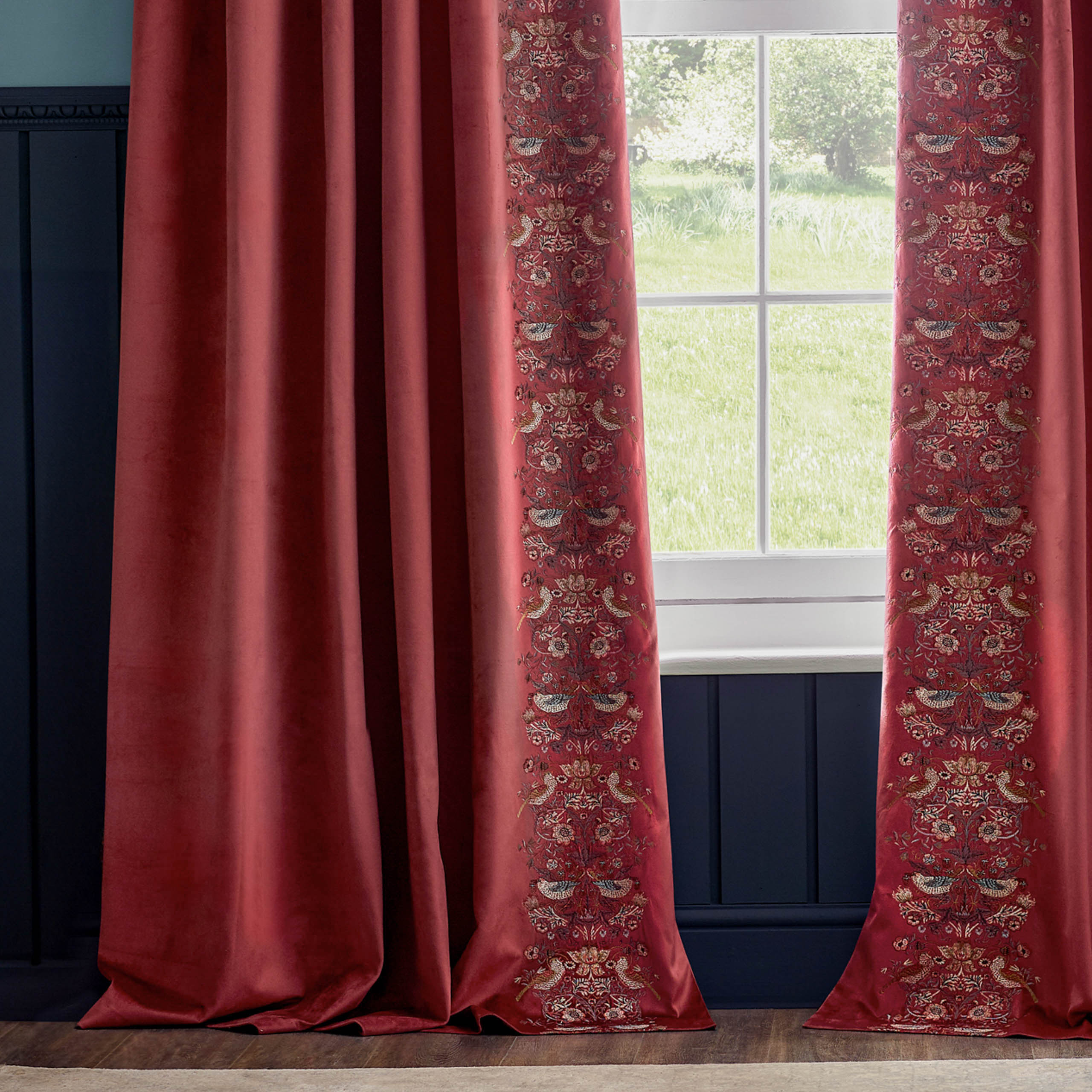 Straw Thief Embroidered Floral Velvet Pencil Pleat Curtains