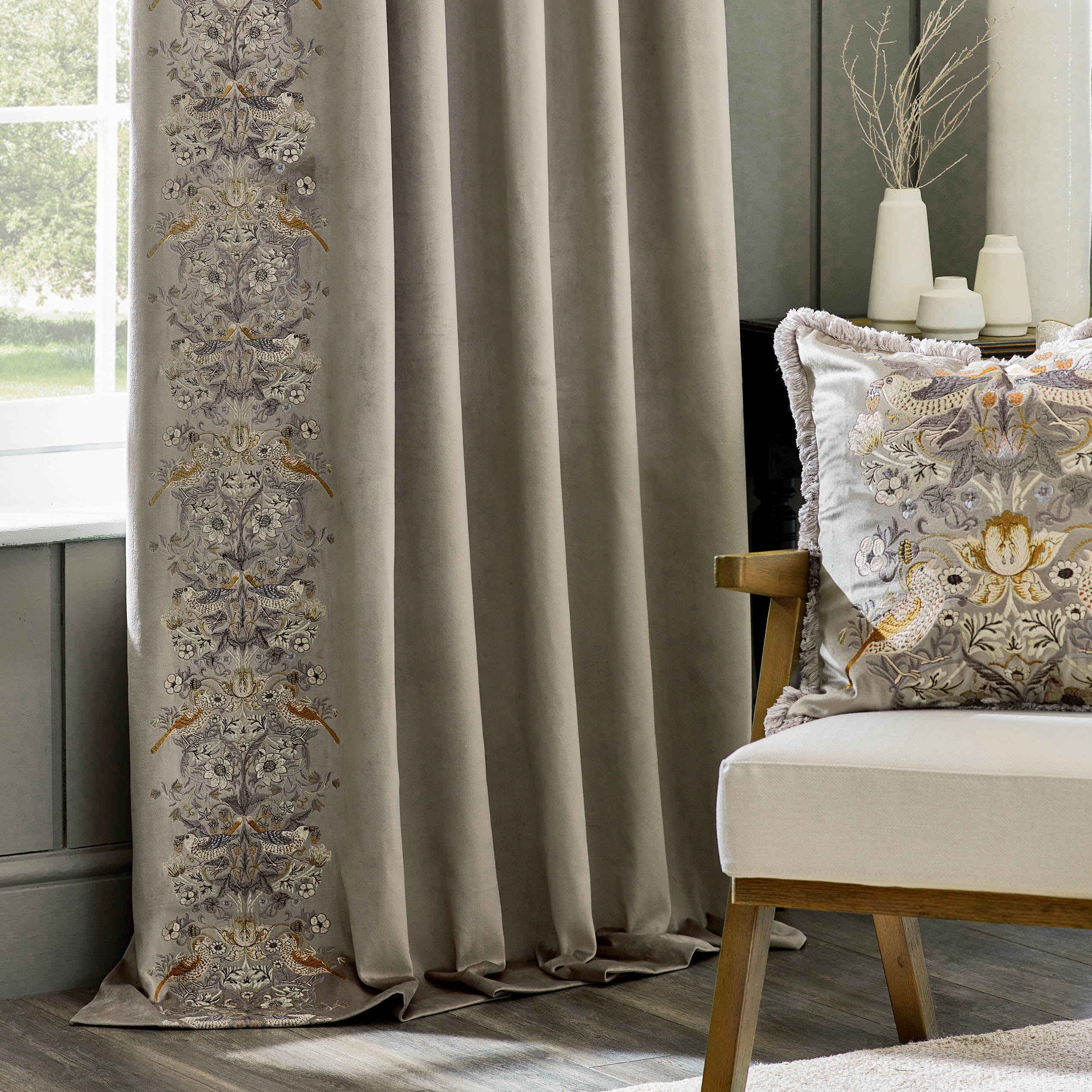 Strawberry Thief Embroidered Floral Velvet Pencil Pleat Curtains