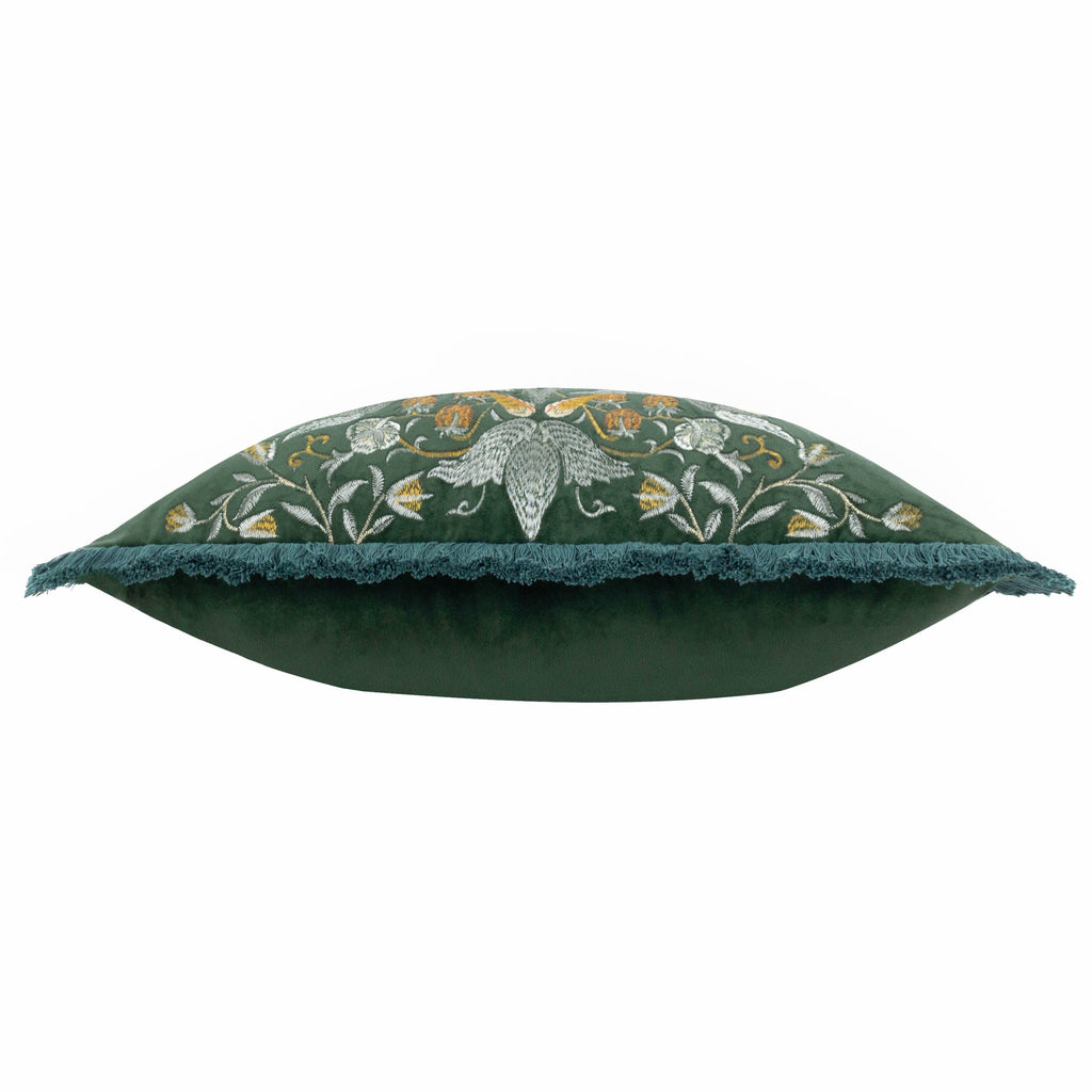 Strawberry Thief Embroidered Velvet Cushion Forest