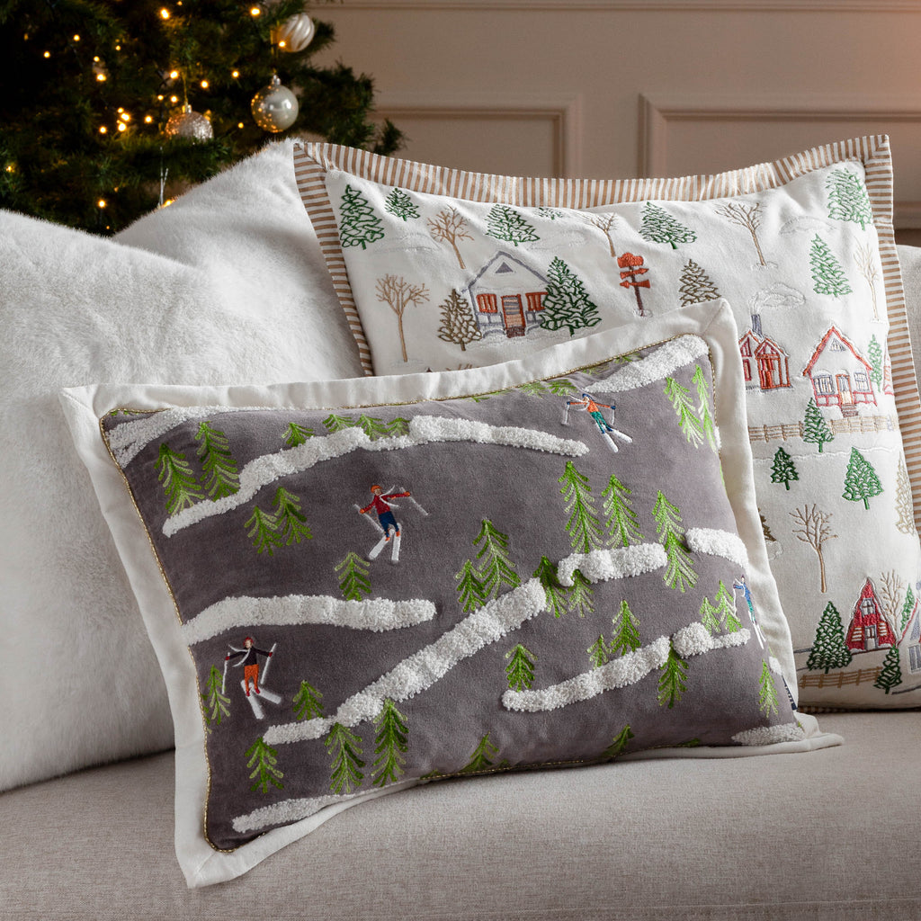 Winter Ski Lodges Embroidered Cushion