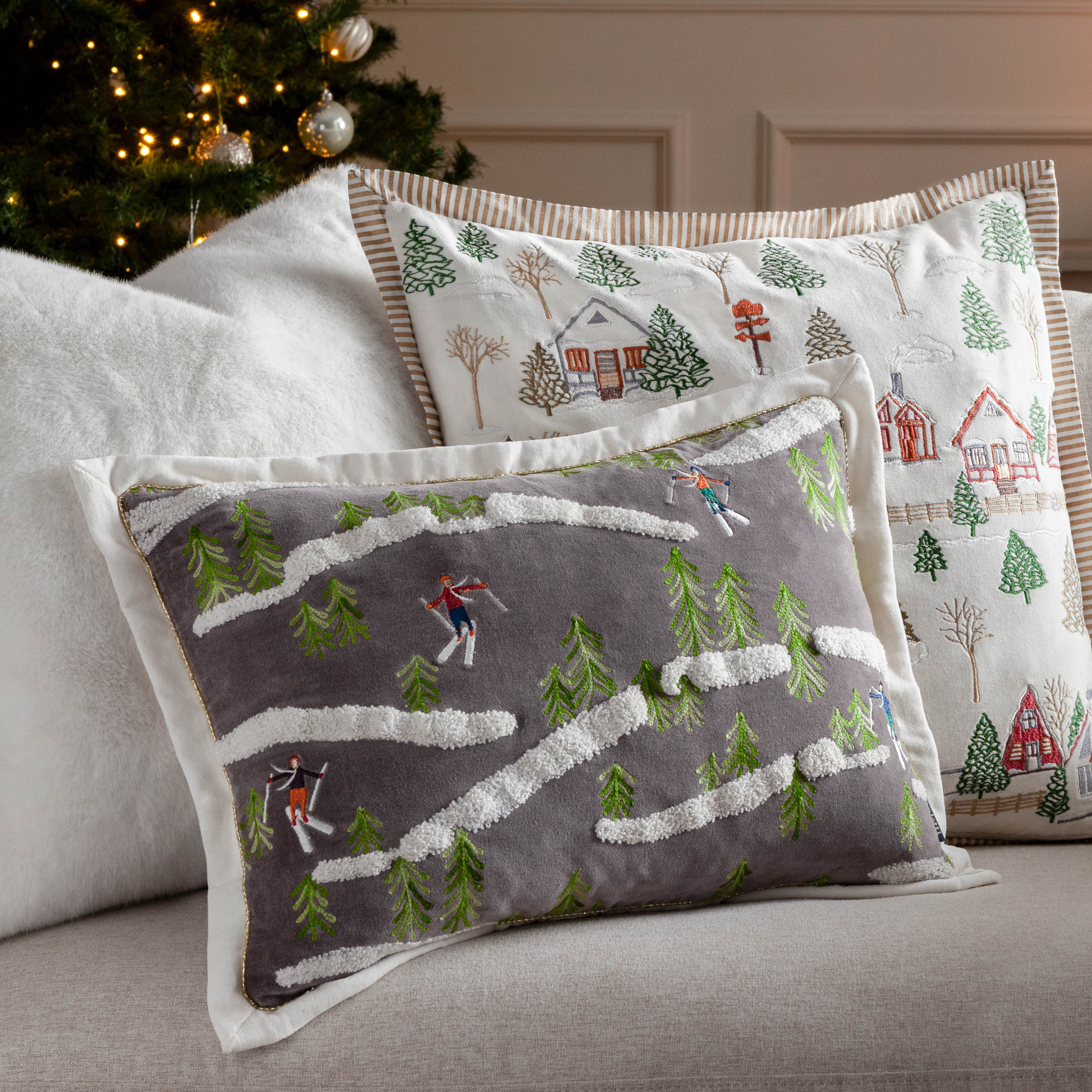Winter Ski Lodges Embroidered Cushion