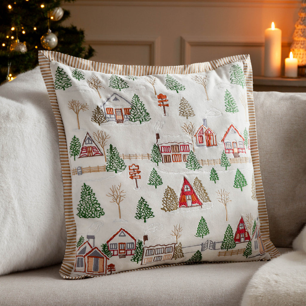 Winter Ski Lodges Embroidered Cushion