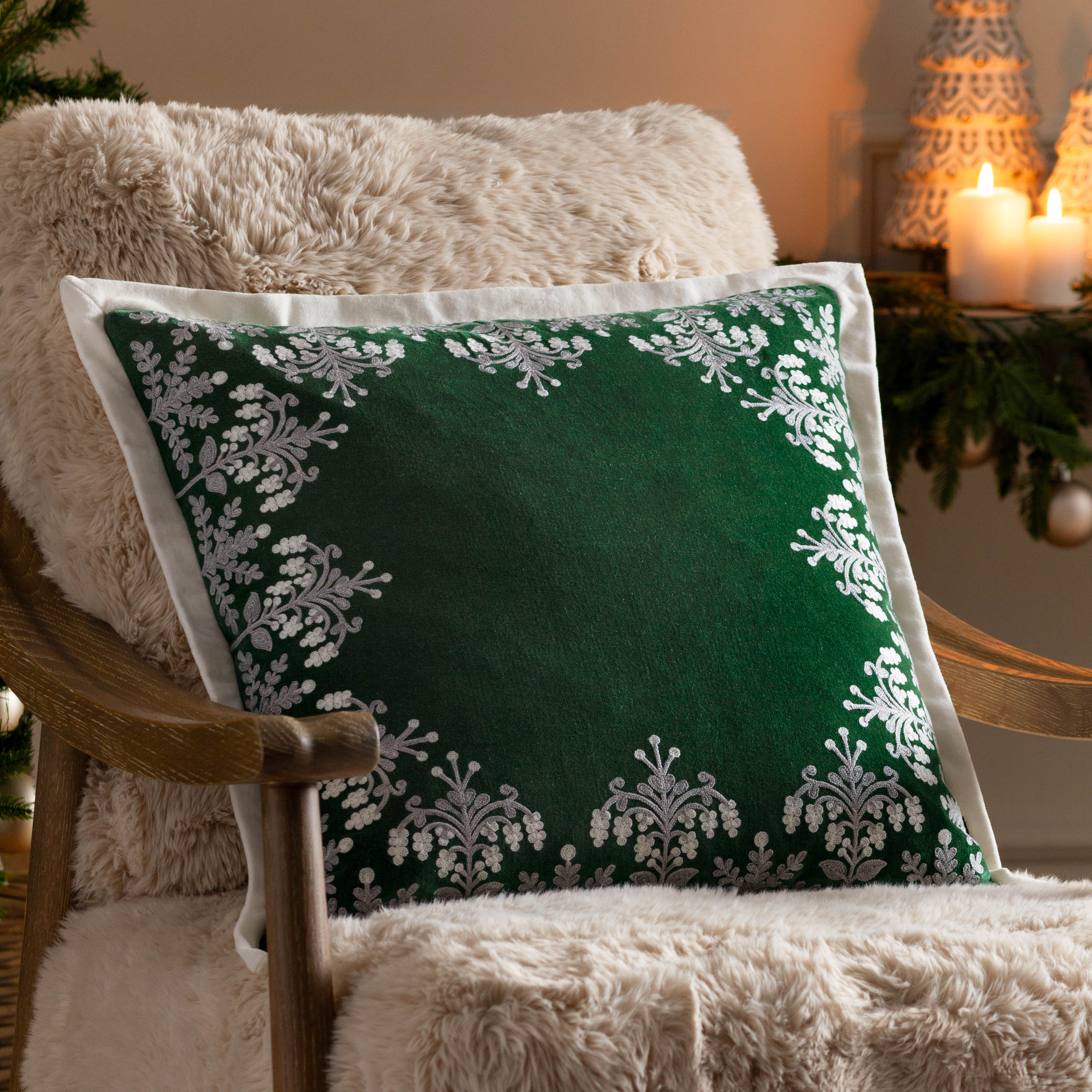 Winter Bloom Embroidered Cushion