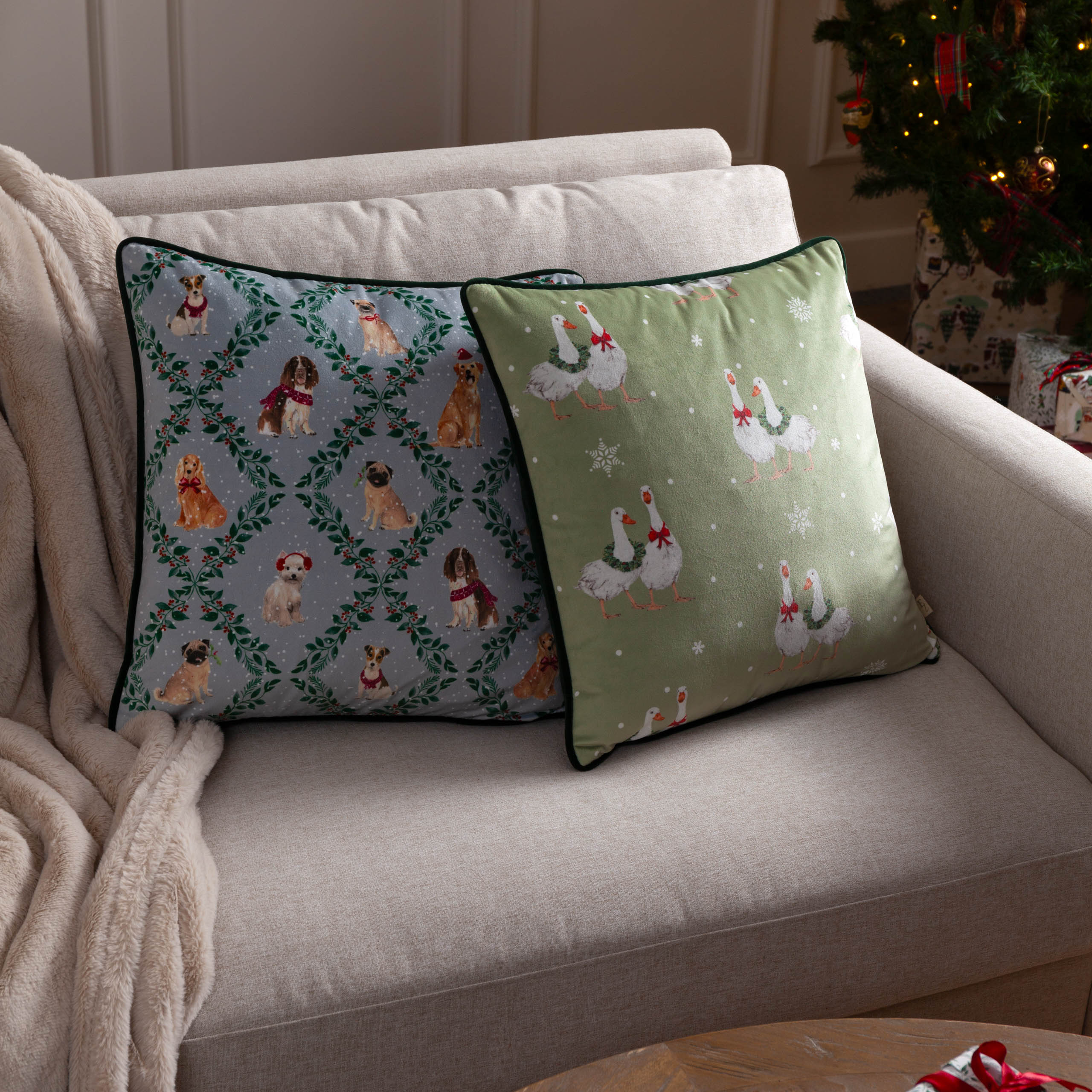 Christmas Dog Friends Printed Velvet Cushion