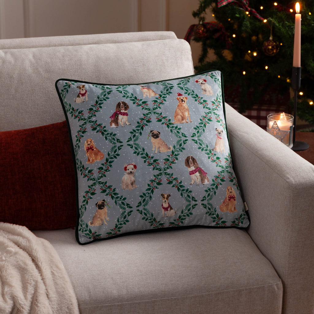 Christmas Dog Friends Printed Velvet Cushion