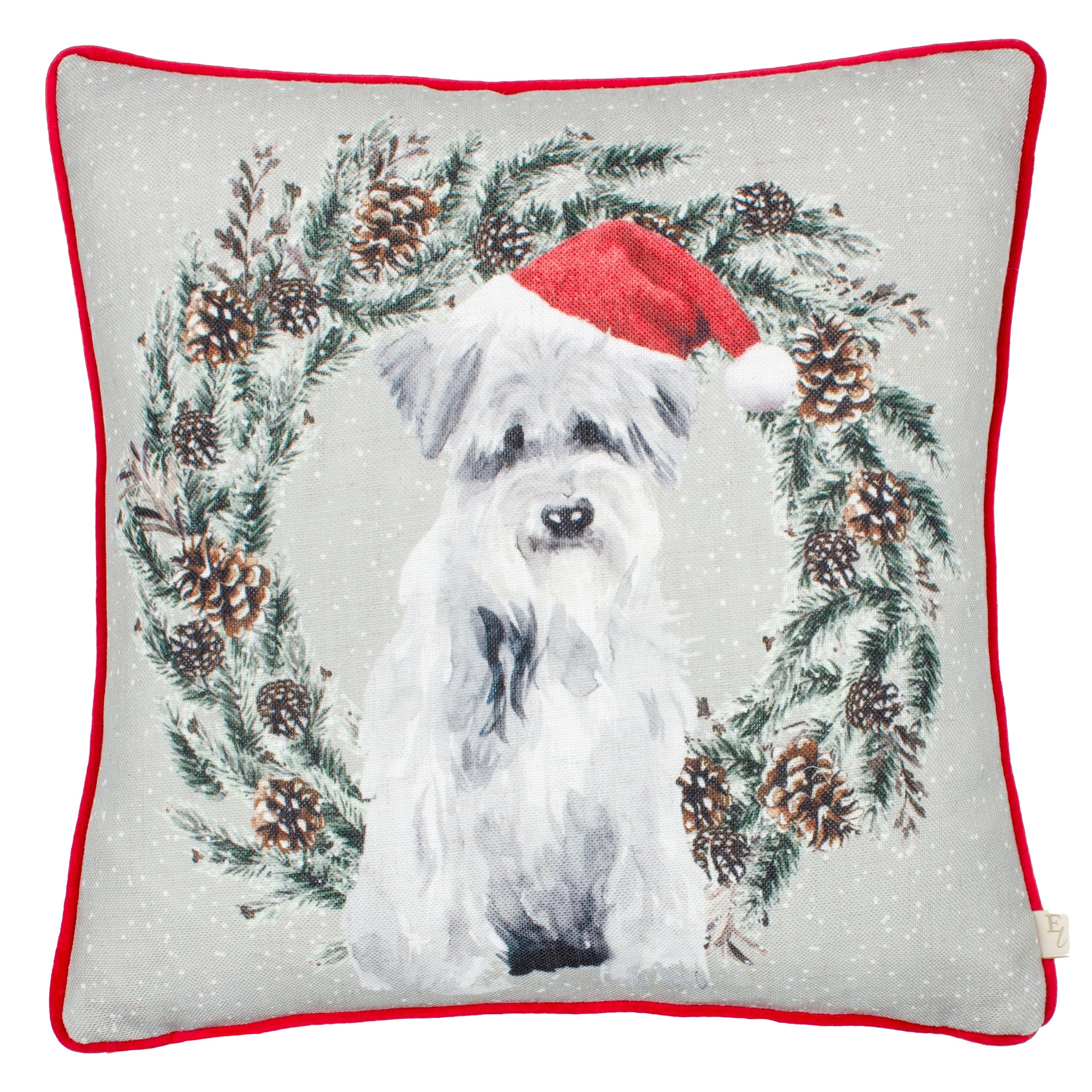 Christmas Dog Wreath Printed Cushion