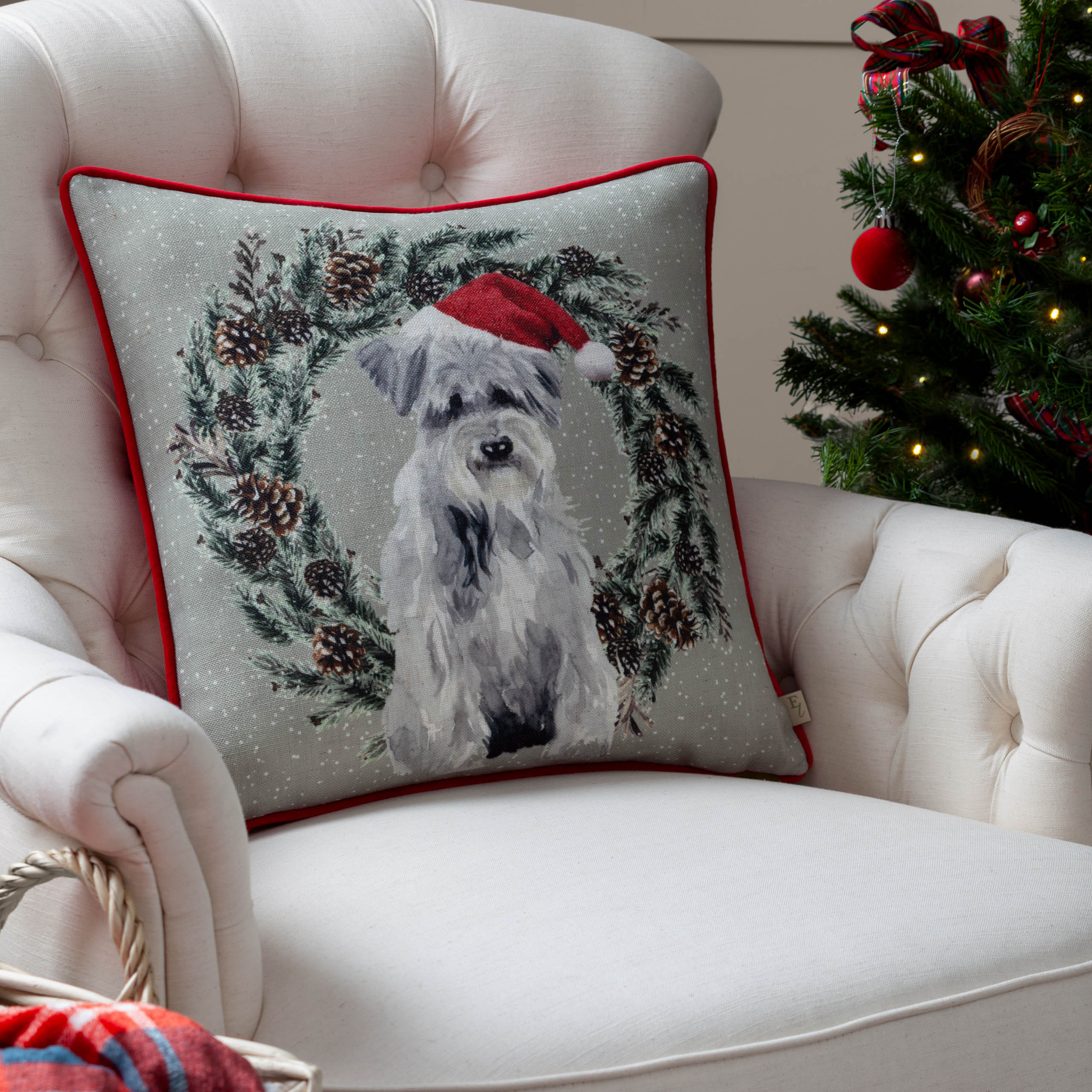 Christmas Dog Wreath Printed Cushion